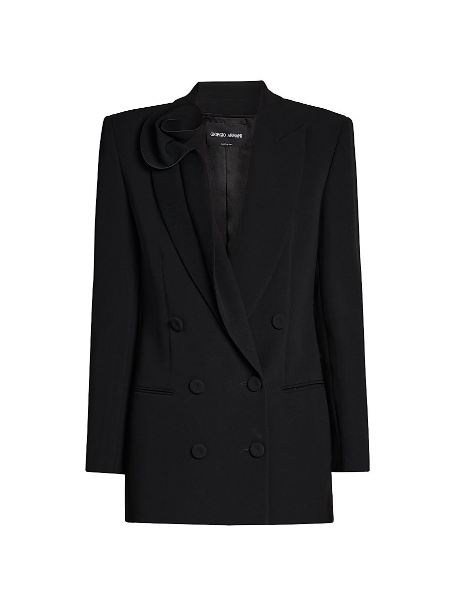 Women's Rosette Silk Double-Breasted Blazer - Solid Black - Size 12