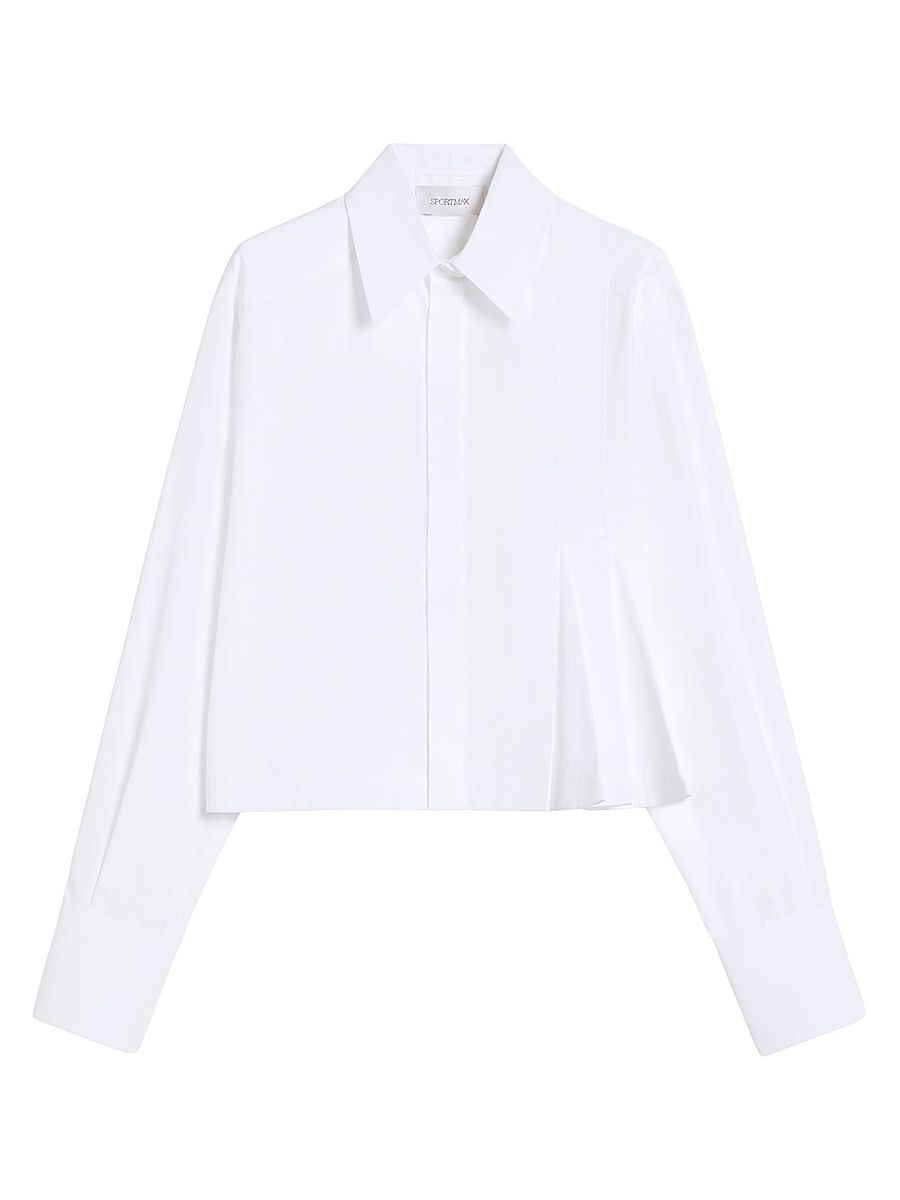 Women's Cropped Poplin Shirt with Asymmetrical Pleats - Optical White - Size 14