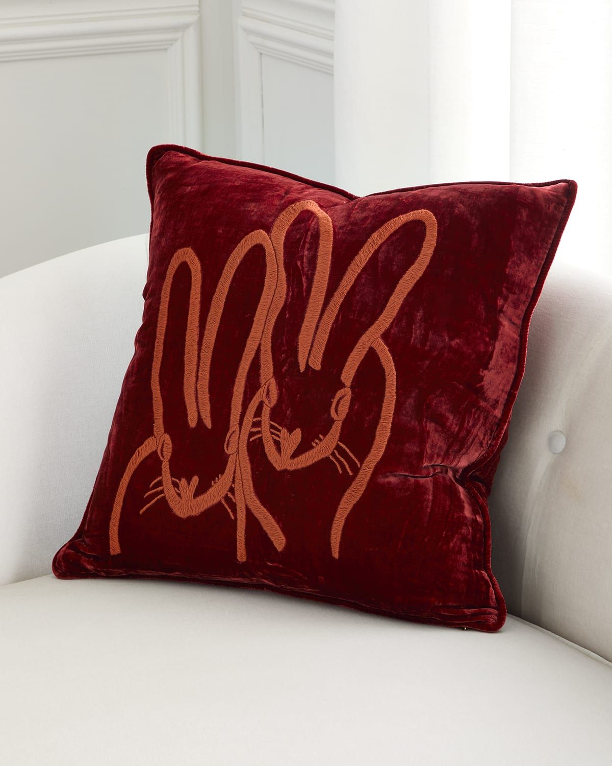 Hand-Embroidered Velvet Decorative Pillow, 20" Square