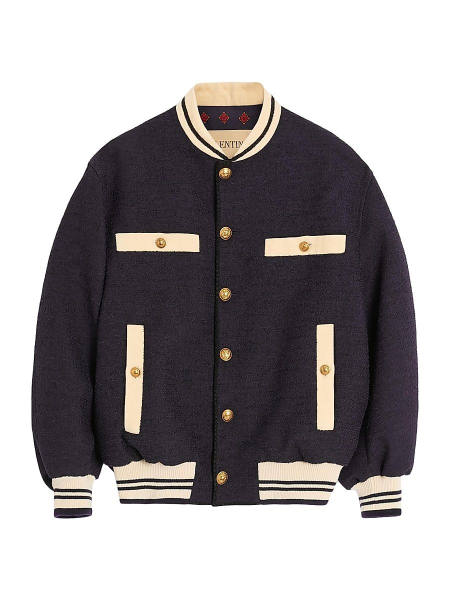 Men's Cotton Tweed Bomber Jacket - Navy - Size 40