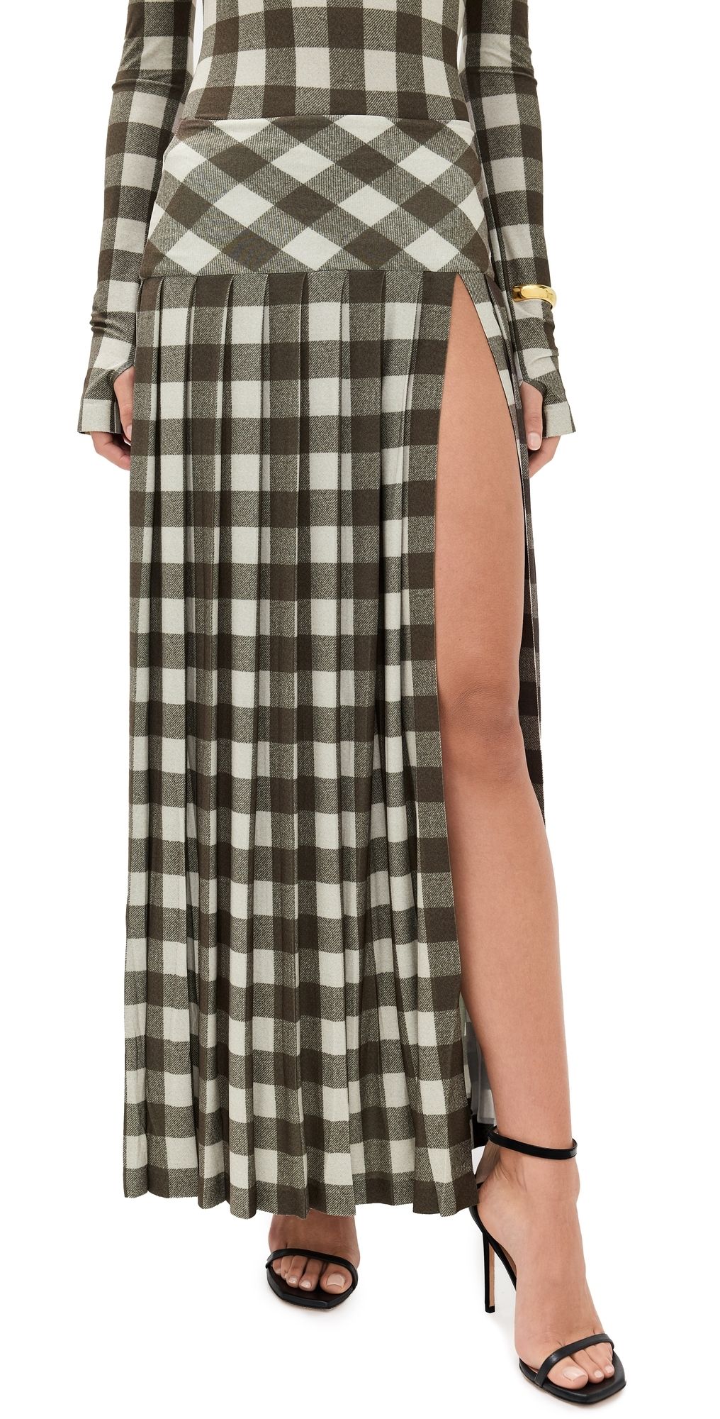 Norma Kamali Pleated Long Skirt with Slit Bark Box Plaid XL