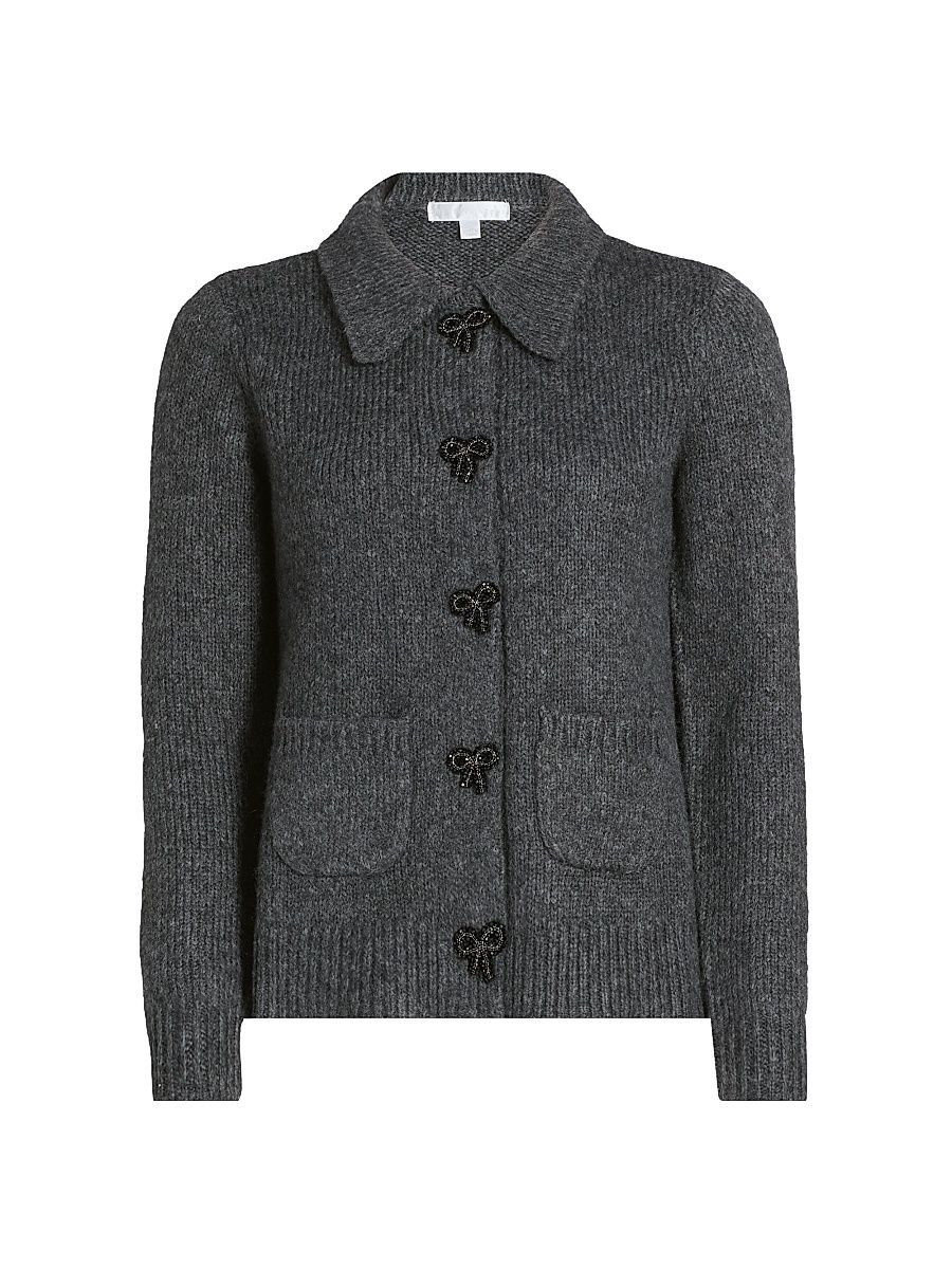 Women's Beaded Bow Button Cardigan - Summit Grey - Size Large