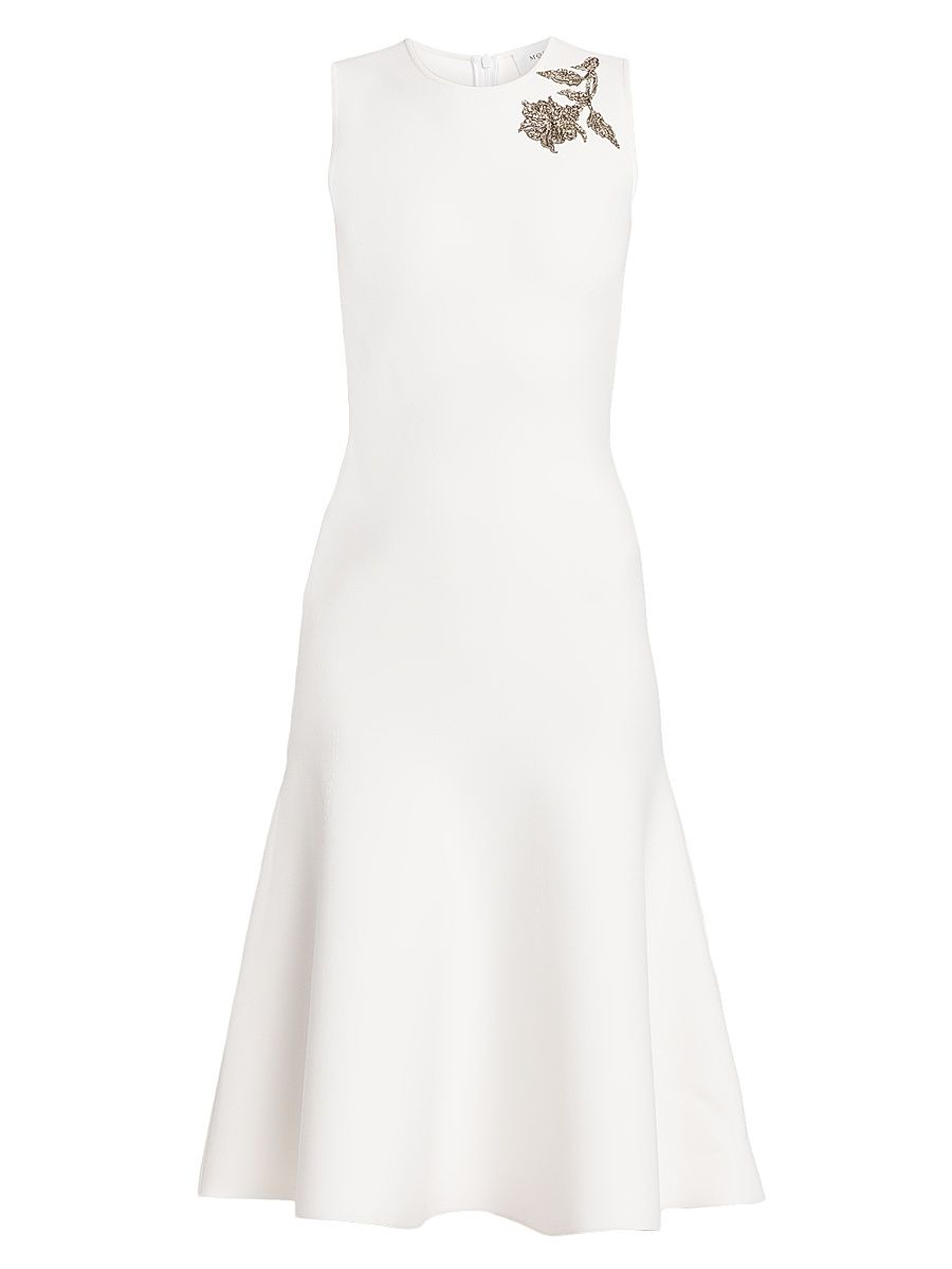 Women's Beaded Floral Jersey Midi-Dress - Optic White Crystal - Size Large