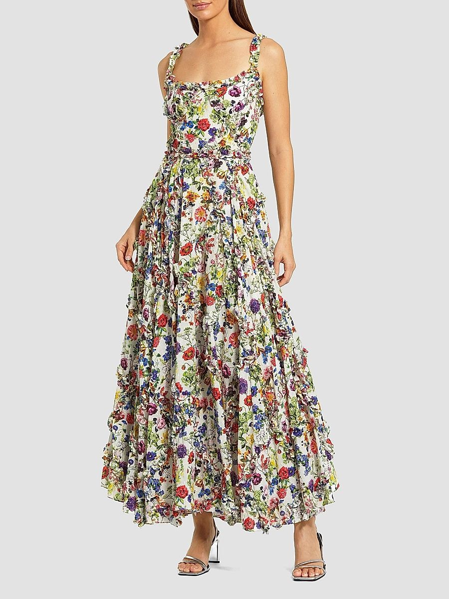 Mac Duggal Women's Ruffle Floral Sweetheart Maxi Dress - White Multi - Size 12