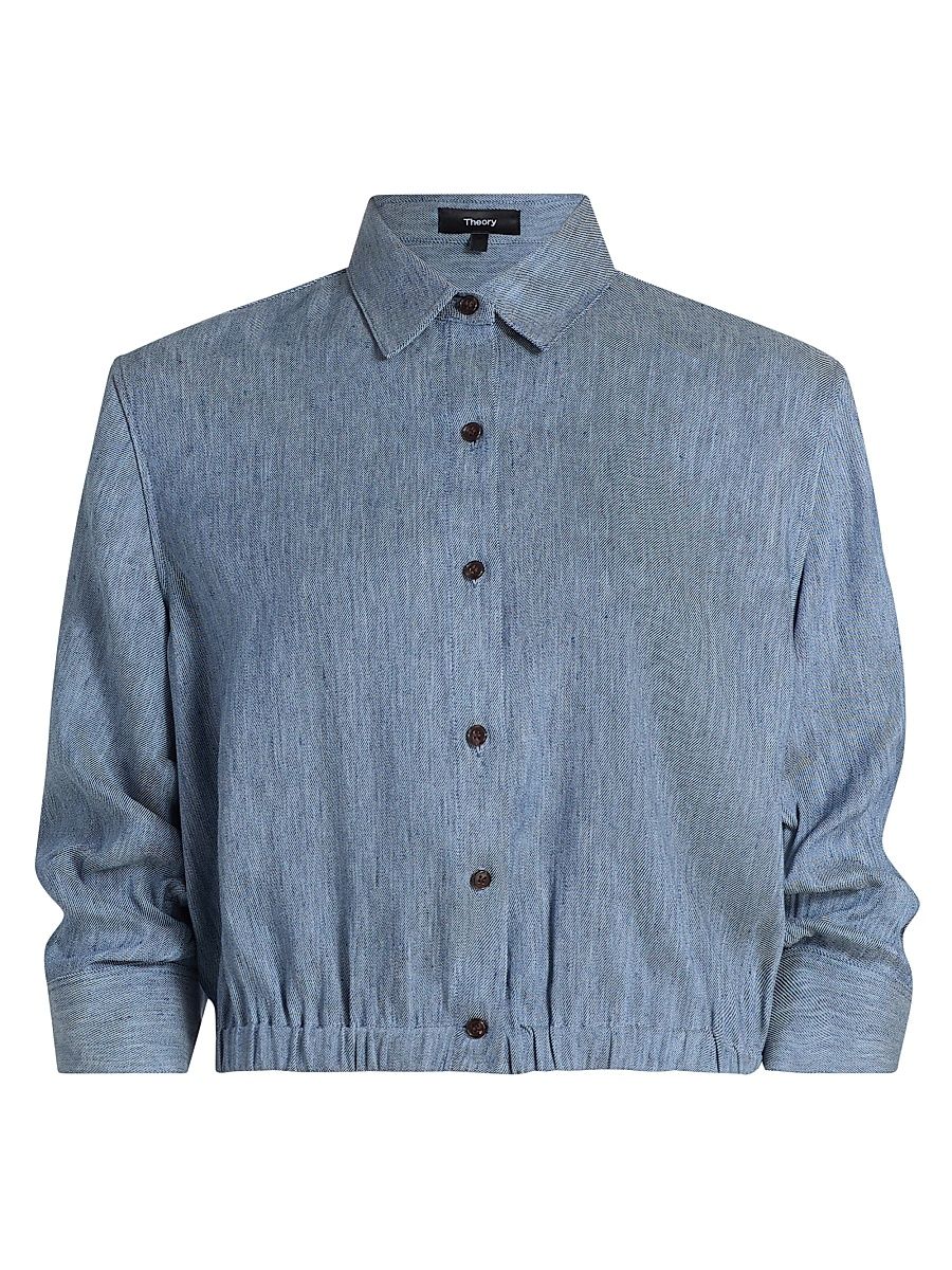 Women's Boxy Linen-Blend Crop Shirt - Light Denim - Size XS