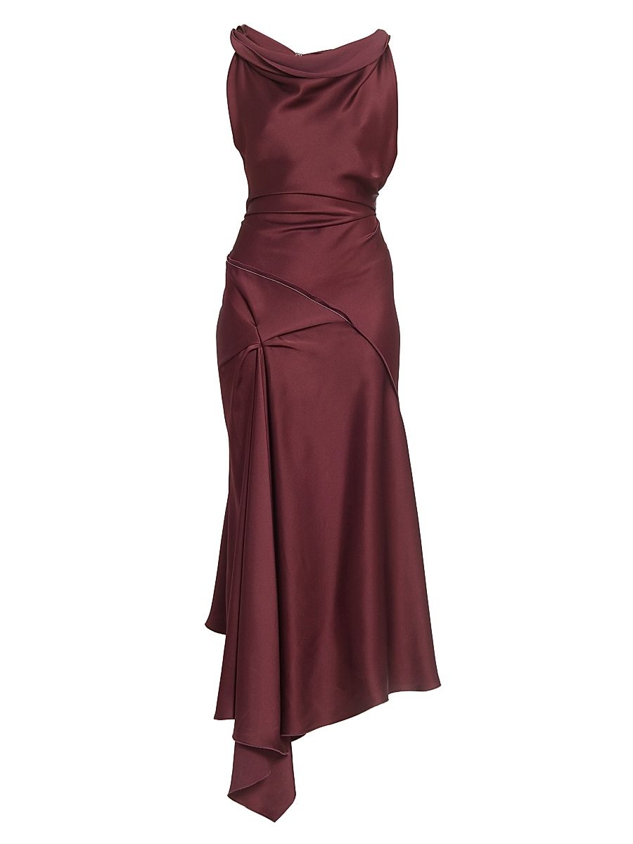 Women's Satin Asymmetric Draped Midi-Dress - Cinnabar Red - Size 0