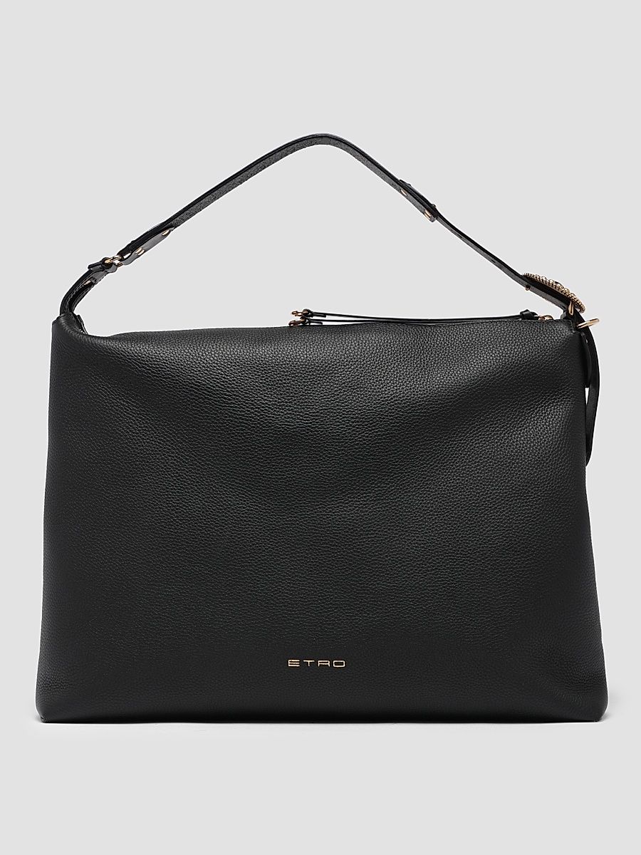 Women's Large Tumbled Leather Hobo Shoulder Bag - Nero