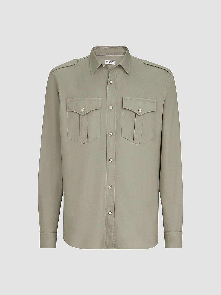 Men's Garment-Dyed Shirt in Cotton Chevron with Spread Collar - Military - Size XXXXL