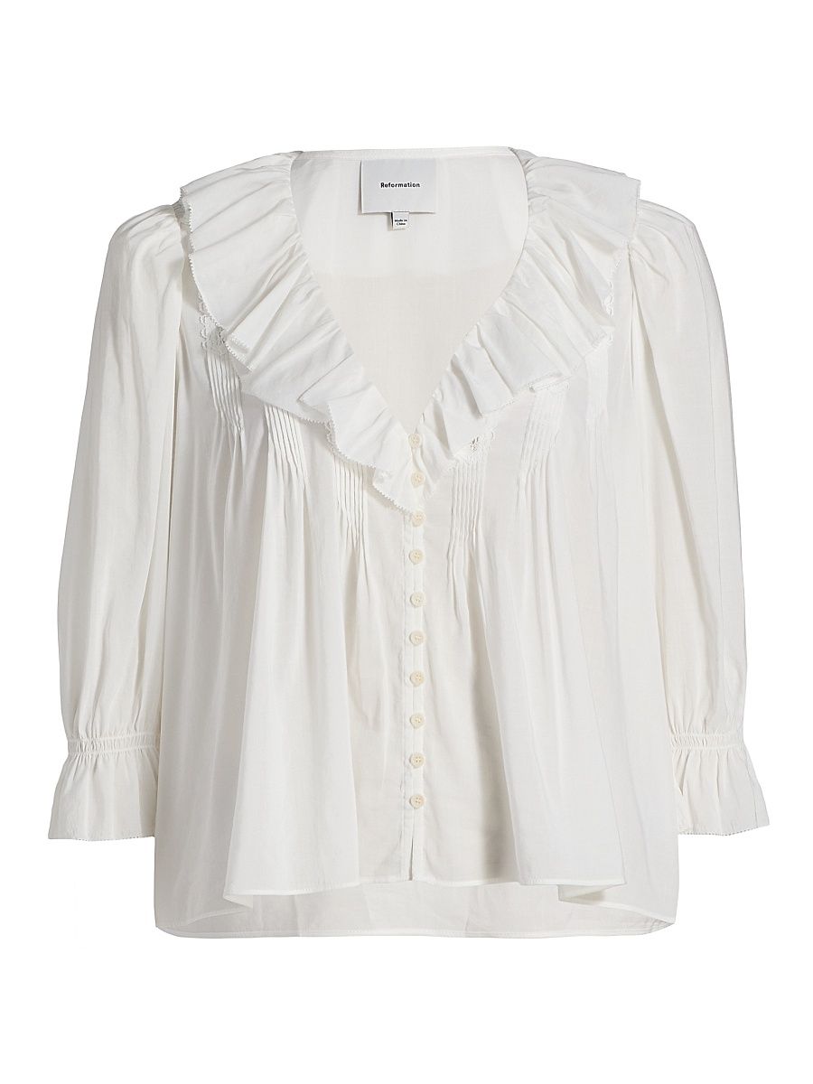 Women's Perry Ruffle-Trim Cotton-Blend Top - White - Size Large