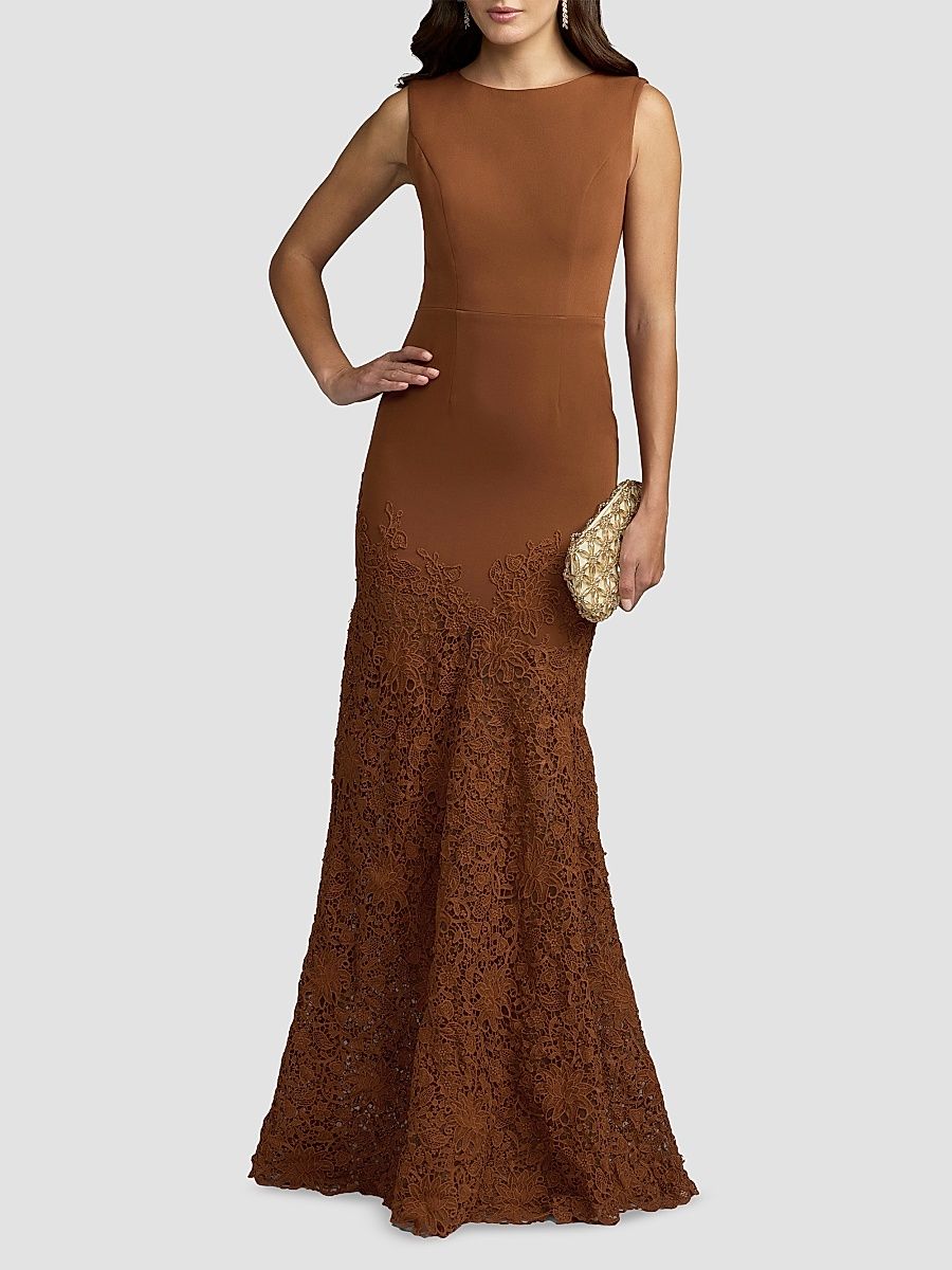 Women's Crêpe Lace Skirt Mermaid Gown - Nutmeg - Size 14