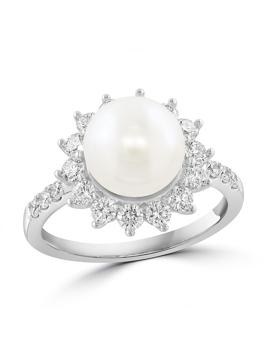 Women's 18K White Gold, 0.73 TCW Lab-Grown Diamond & Freshwater Pearl Ring - White Gold - Size 7