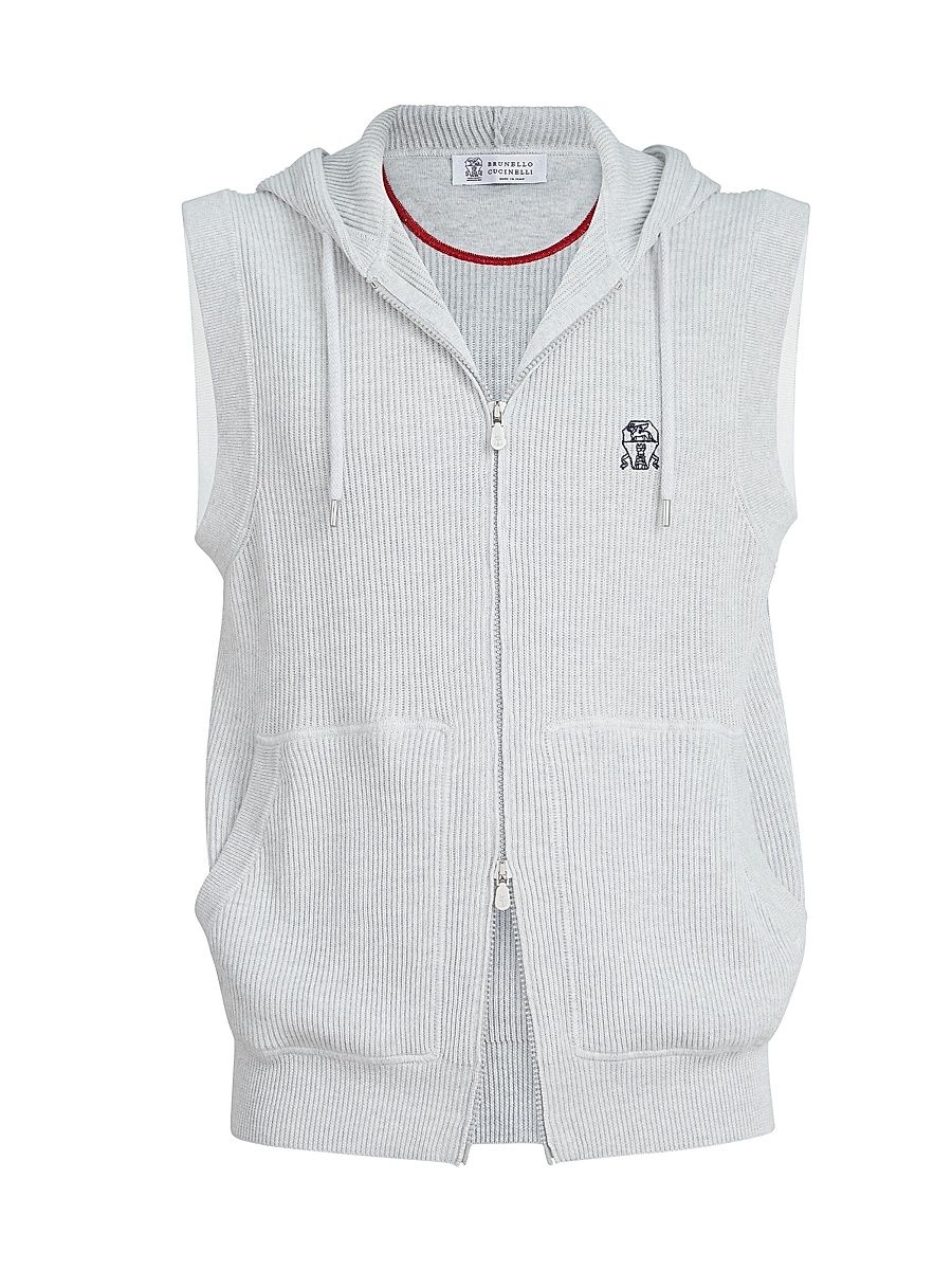 Men's Cotton English Rib Knit Hooded Vest with Logo and Zipper - Fog - Size Small