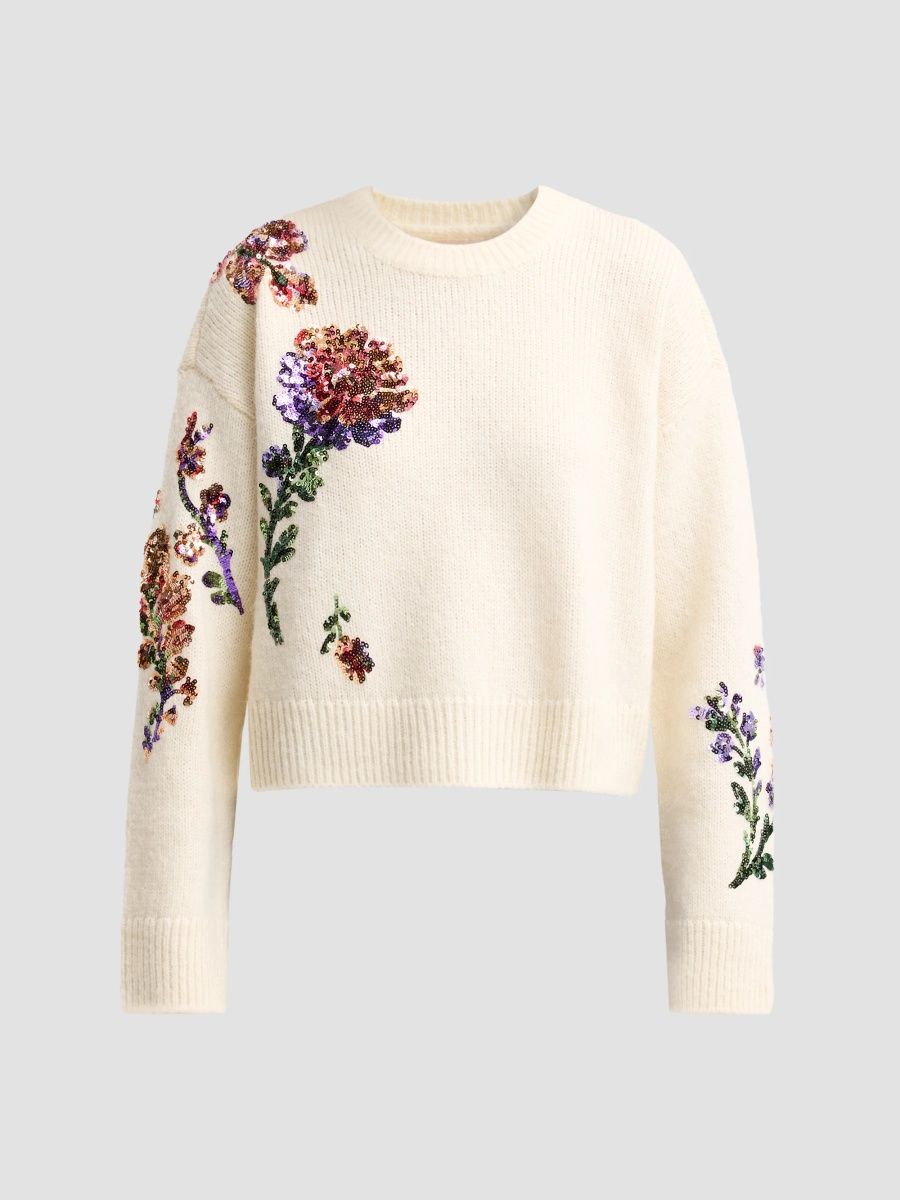 Women's Esmerine Floral-Embellished Wool-Blend Sweater - Ivory Multi - Size XL