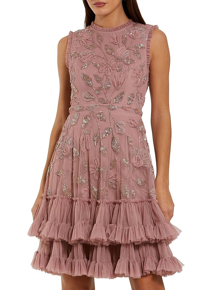 Women's Ruffled Floral Embroidered Minidress - Antique Rose - Size 2