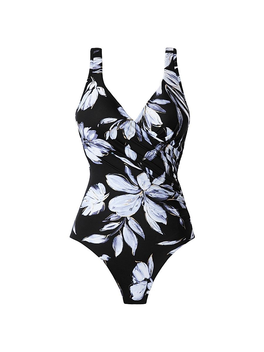 Women's Fiore Di Luna Floral Wrap One-Piece Swimsuit - Black And White - Size 16