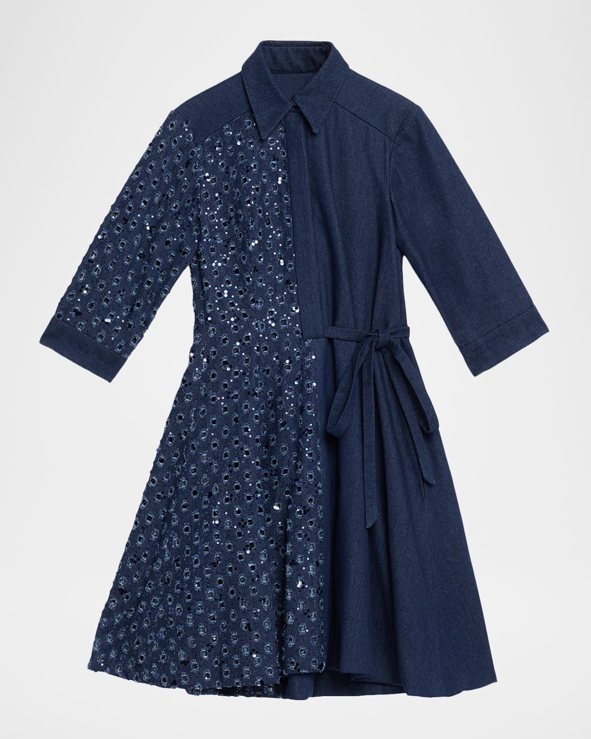 Paillette Distressed Denim Mini Shirtdress