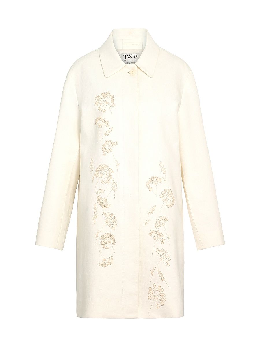 Women's Floral Embroidered Linen A-Line Coat - Ivoire - Size Large