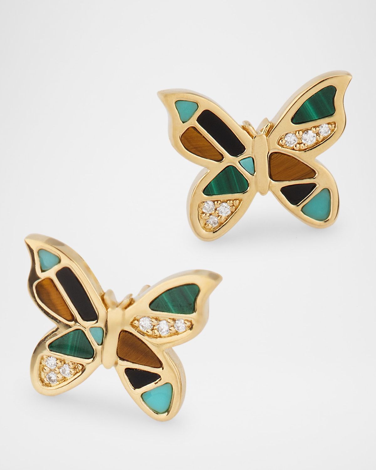 14K Yellow Gold Mosaic Butterfly Stud Earrings with Diamonds