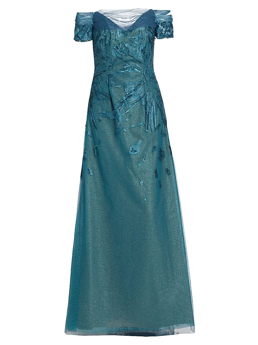 Women's Embroidered Tulle Gown - Teal - Size 16