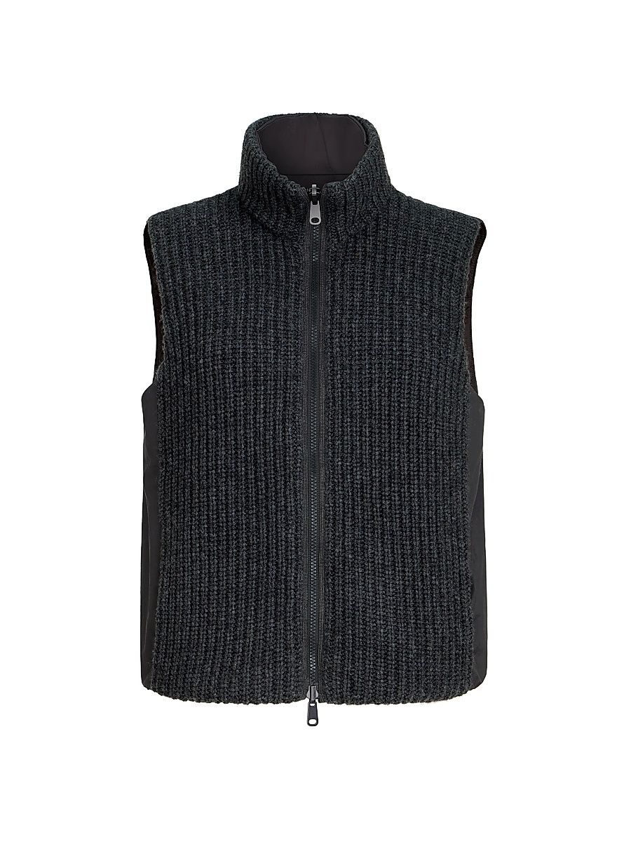 Women's Cashmere Feather Yarn Reversible Knit Down Vest with Monili - Lignite - Size XXS