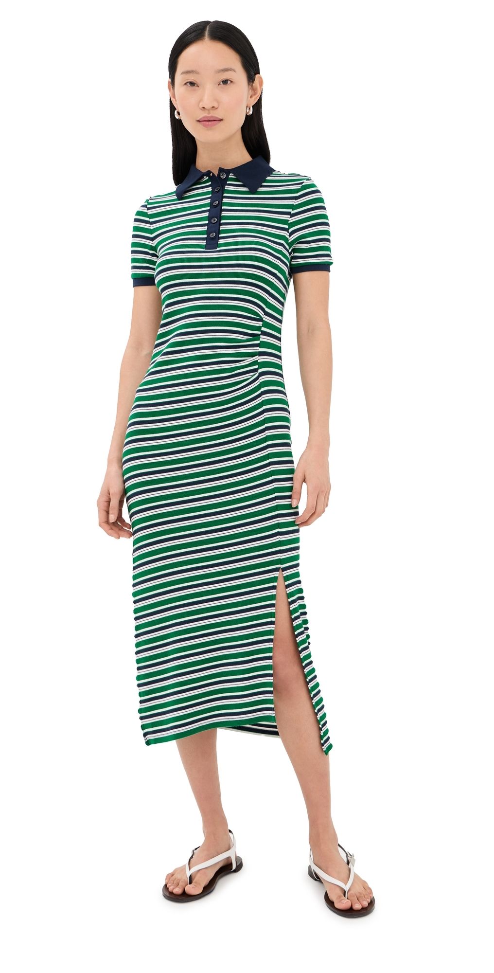 SIMKHAI Shelby Knit Polo Midi Dress Kelly Green Stripe L