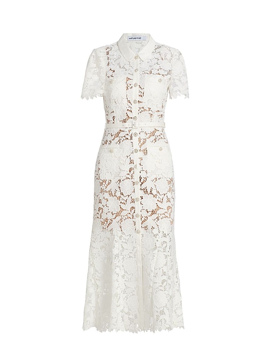 Women's Tie-Waist Lace A-Line Midi-Shirtdress - White - Size 10