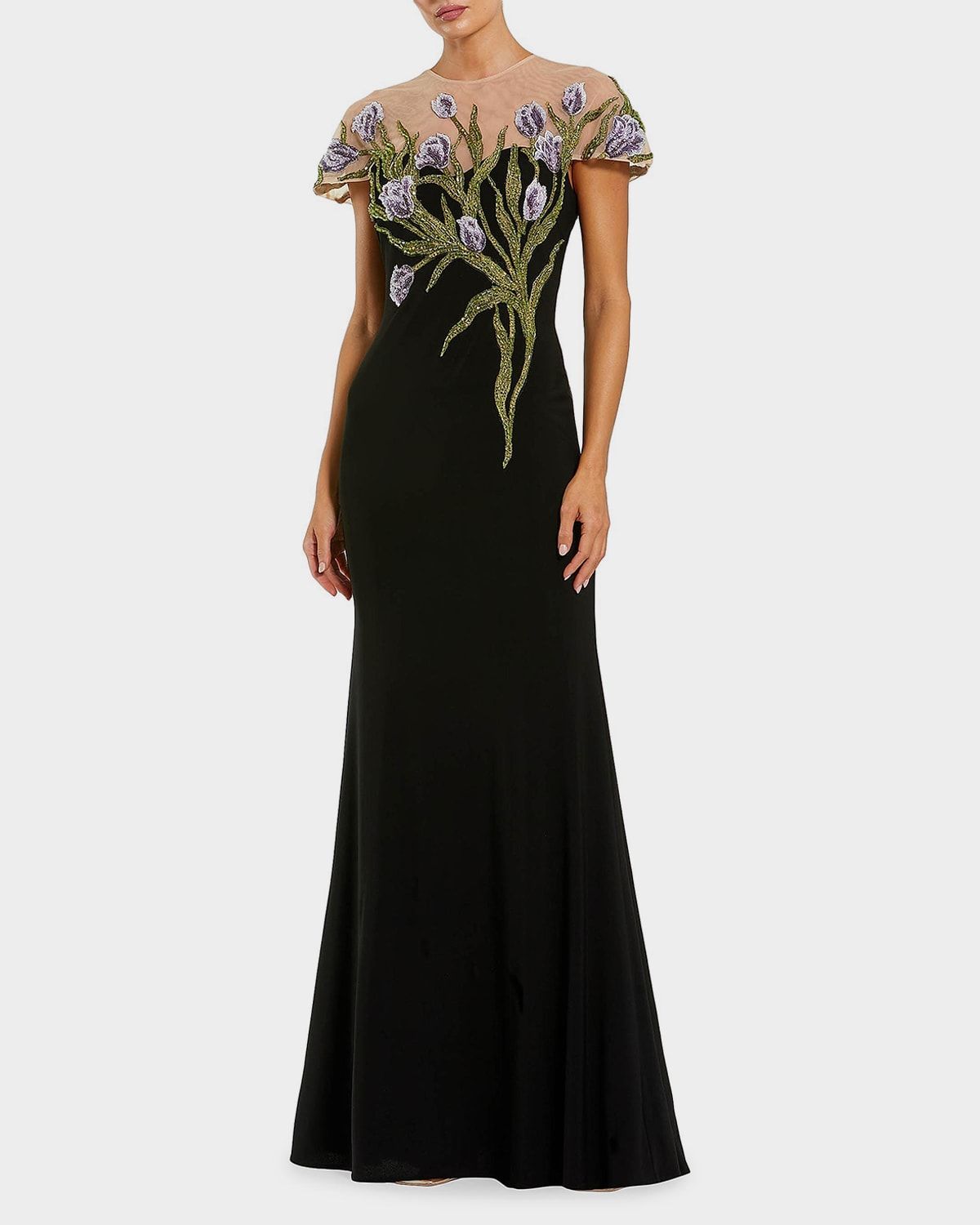 Evening Embroidered Jersey Illusion-Neck Gown