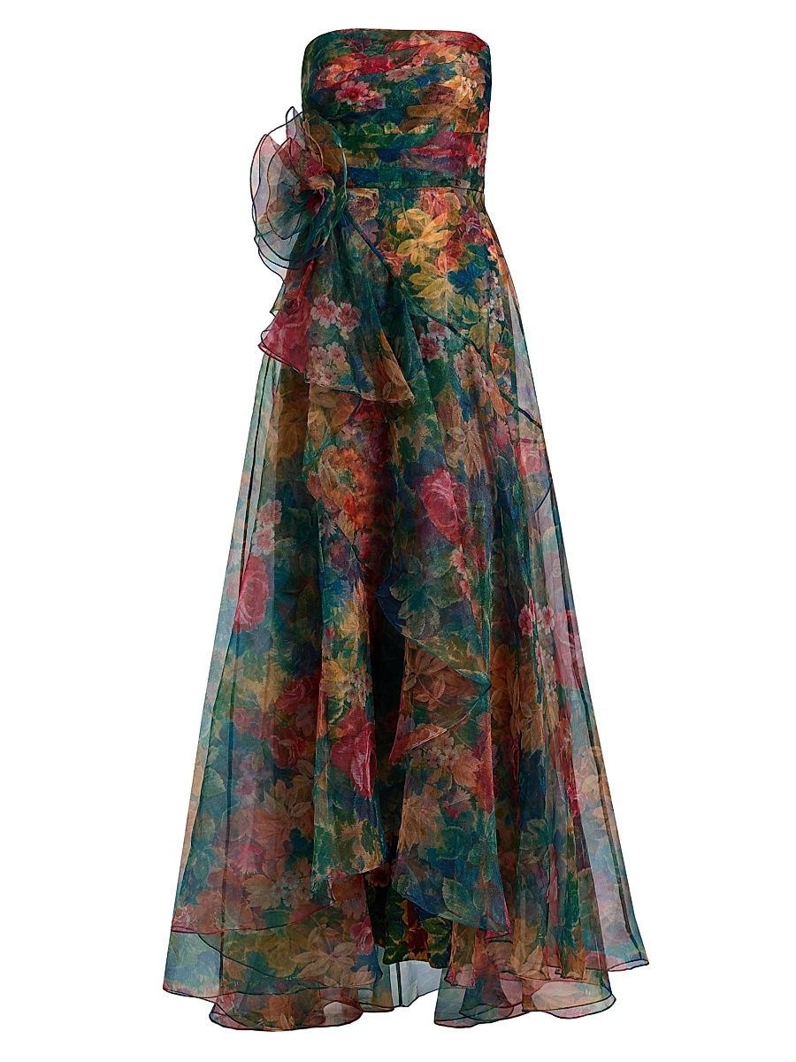 Women's Leora Rosette Ruffled Bias-Cut Gown - Tapestry Roses - Size 12