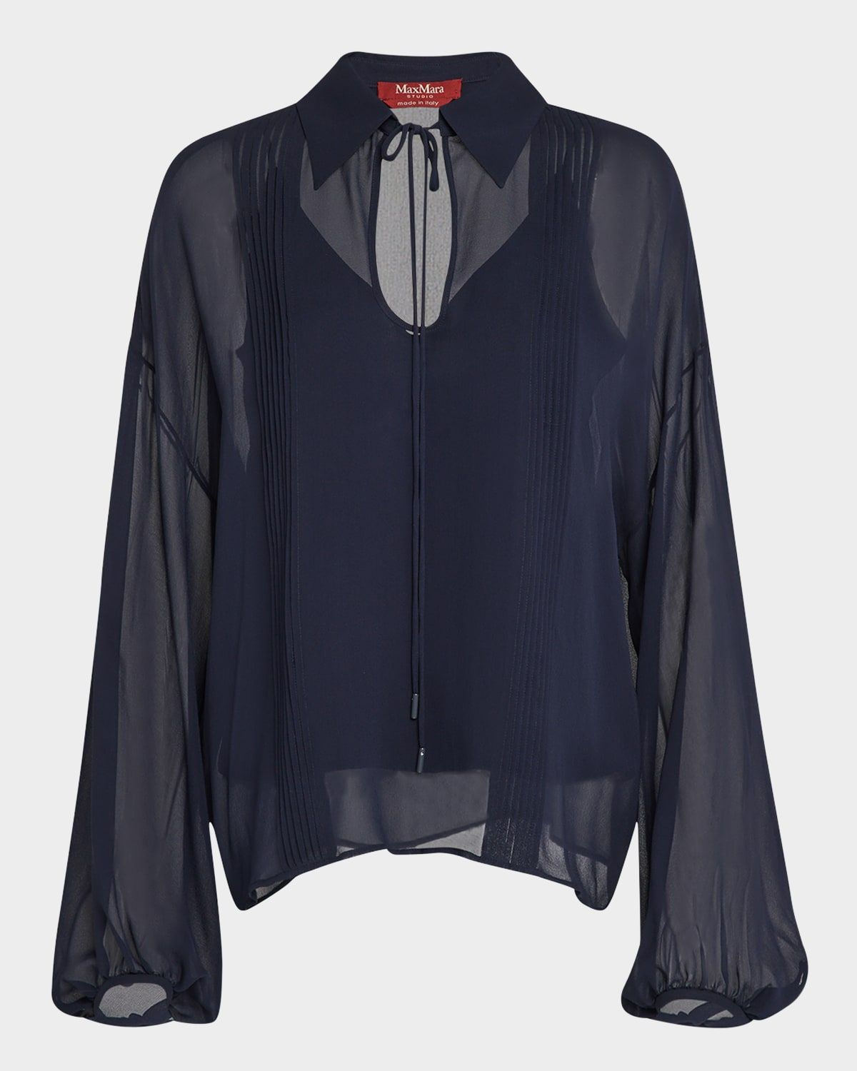 Valdai Sheer Blouson-Sleeve Pintuck Blouse