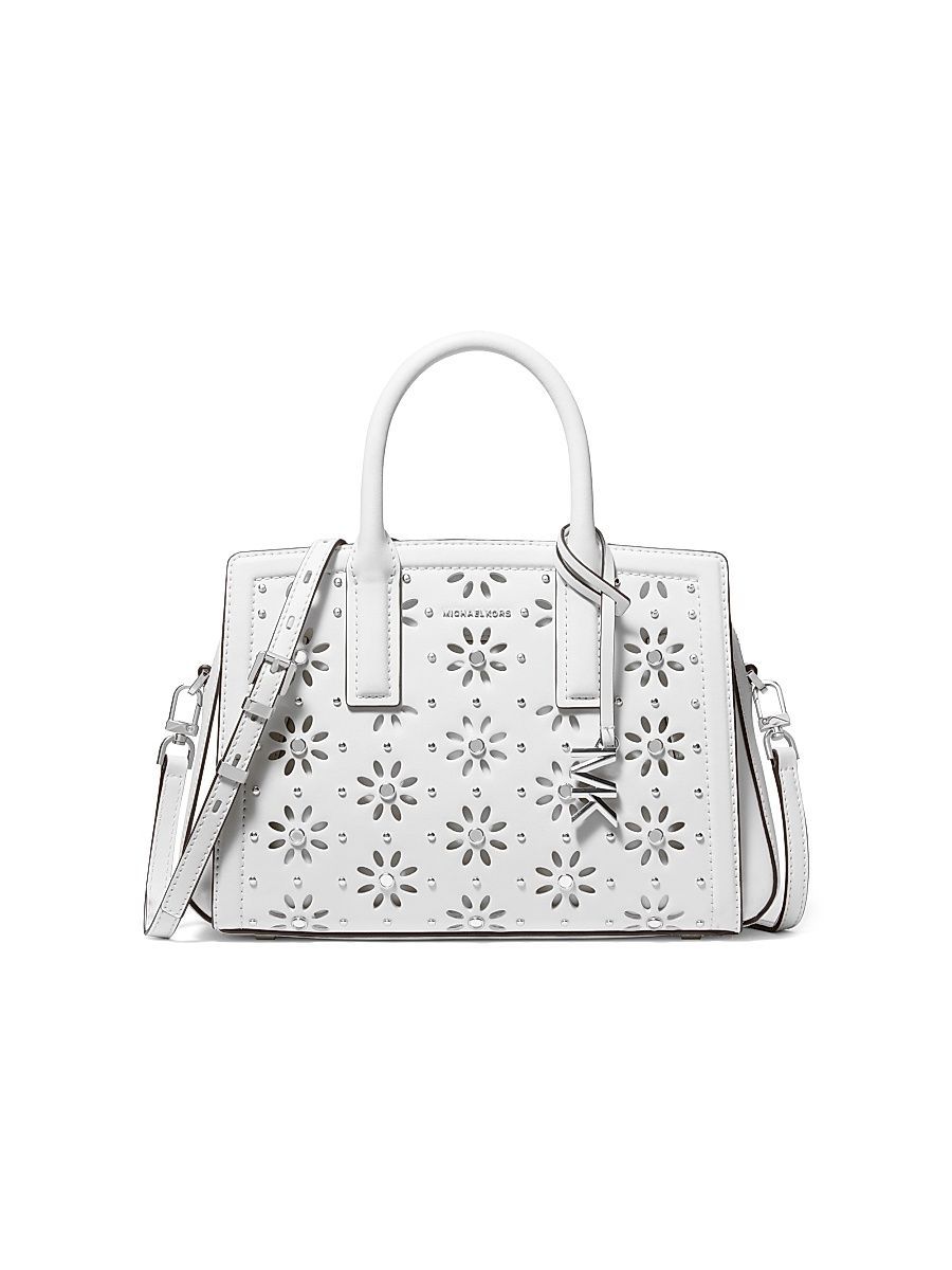 Women's Laser-Cut Floral Leather Small Satchel - Optic White