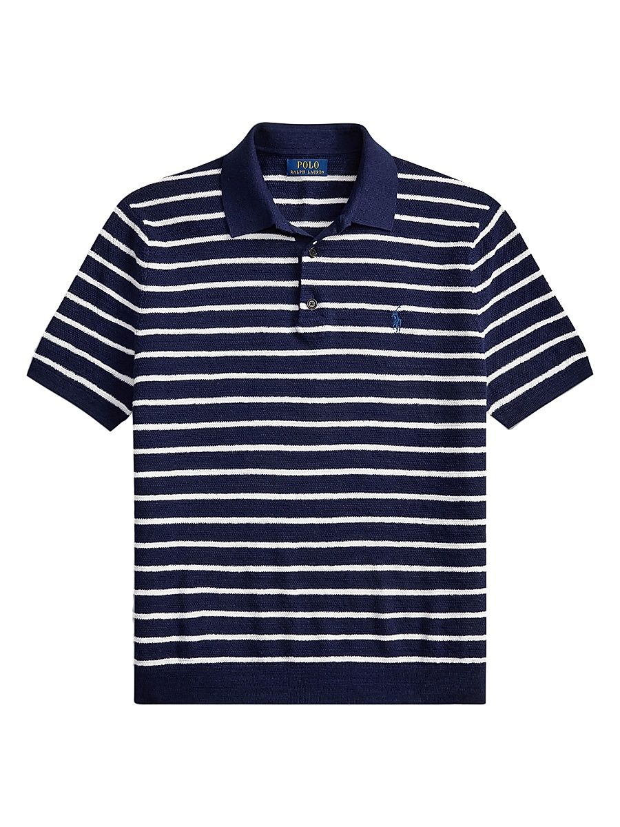 Men's Striped Cotton-Linen Short-Sleeve Polo Sweater - Bright Navy Combo - Size XXL