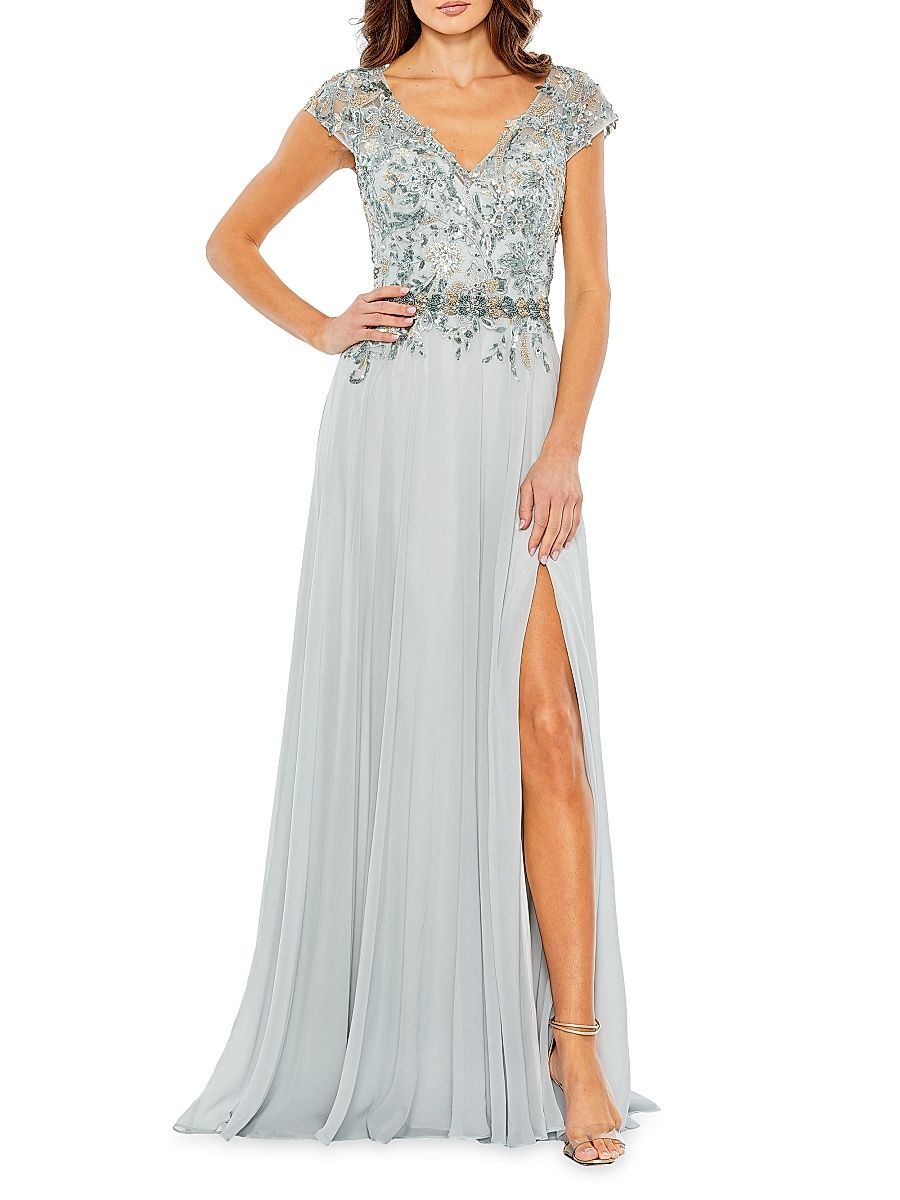 Women's Embellished Cap-Sleeve Tulle Gown - Sea Mist - Size 16