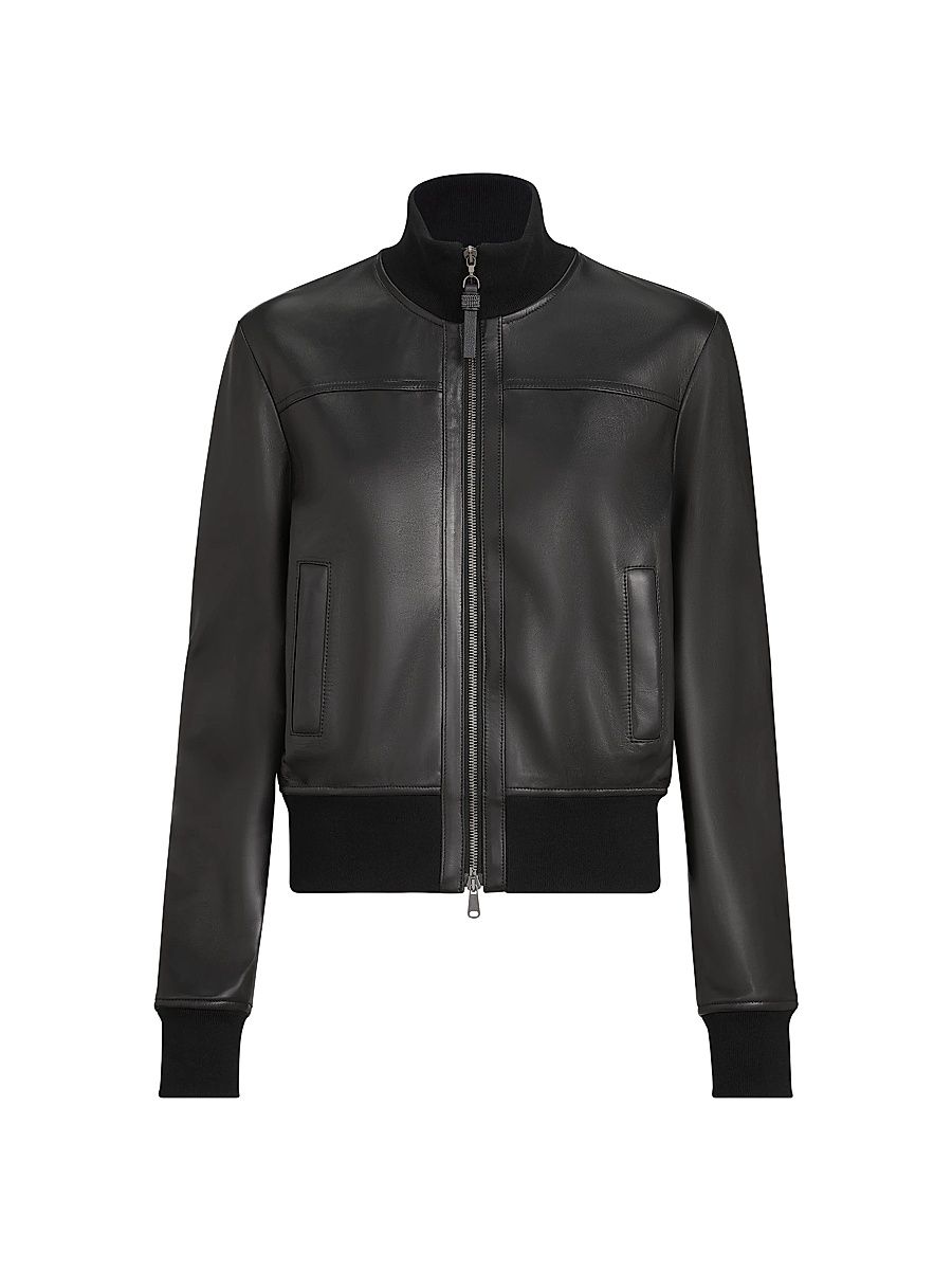 Women's Nappa Leather Outerwear Jacket with Monili - Black - Size 12