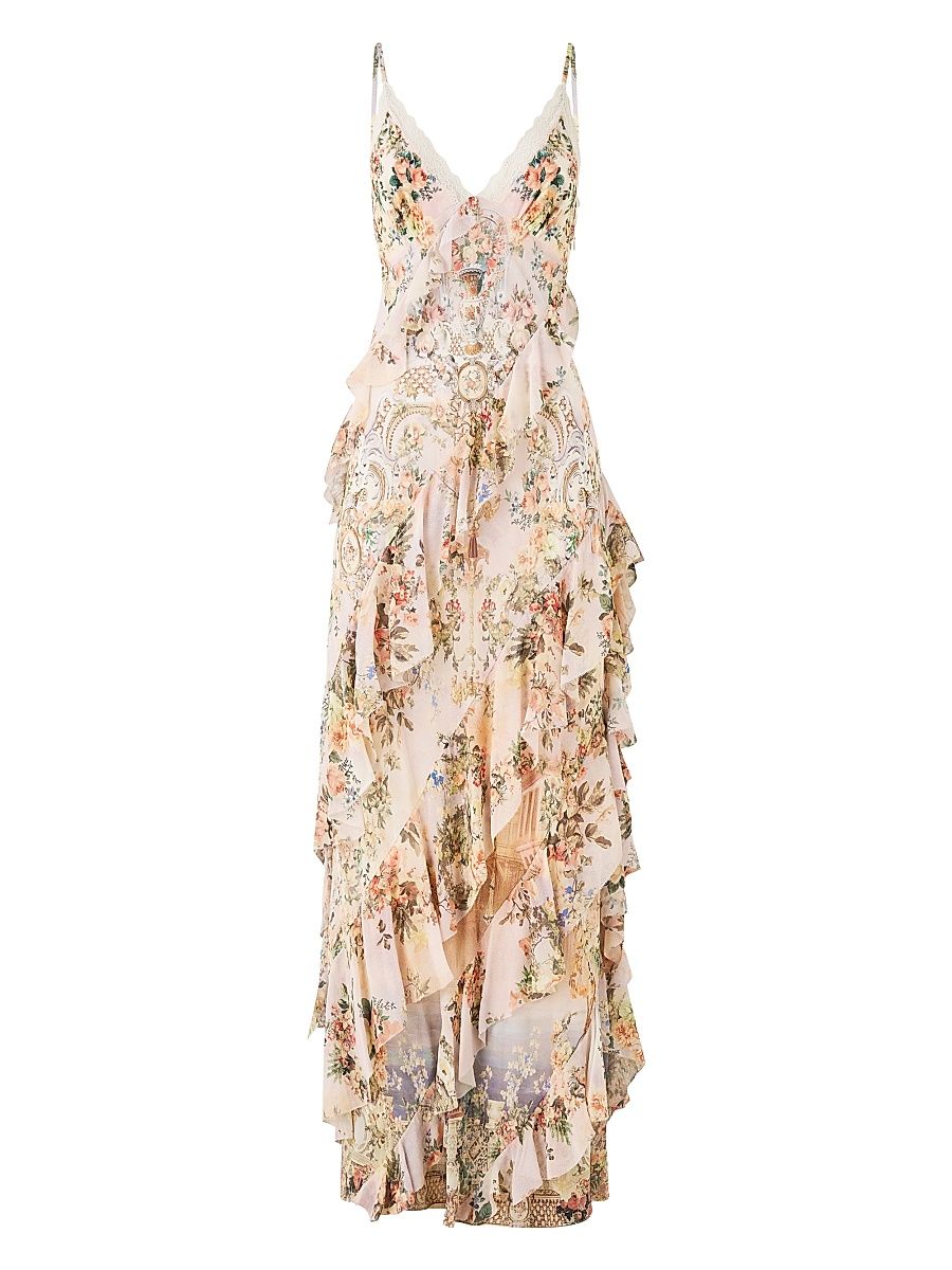 Women's Ruffled Silk Maxi Slipdress - Twilight In Istanbul - Size Medium