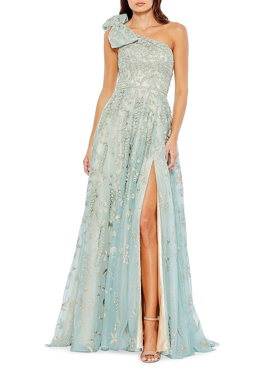 Women's Asymmetric Embellished Tulle A-Line Gown - Sage - Size 16