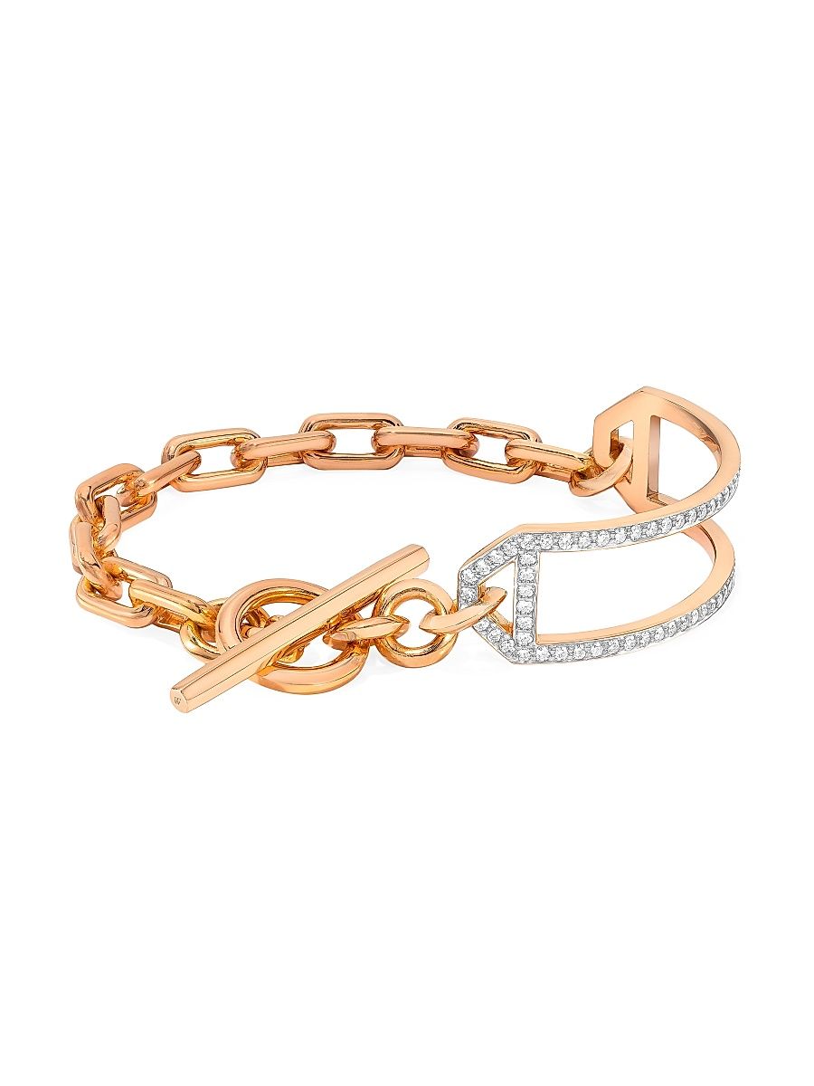 Women's Saxon 18K Rose Gold & Diamond Side Cuff Chain Link Bracelet - Rose Gold - Size 6.5