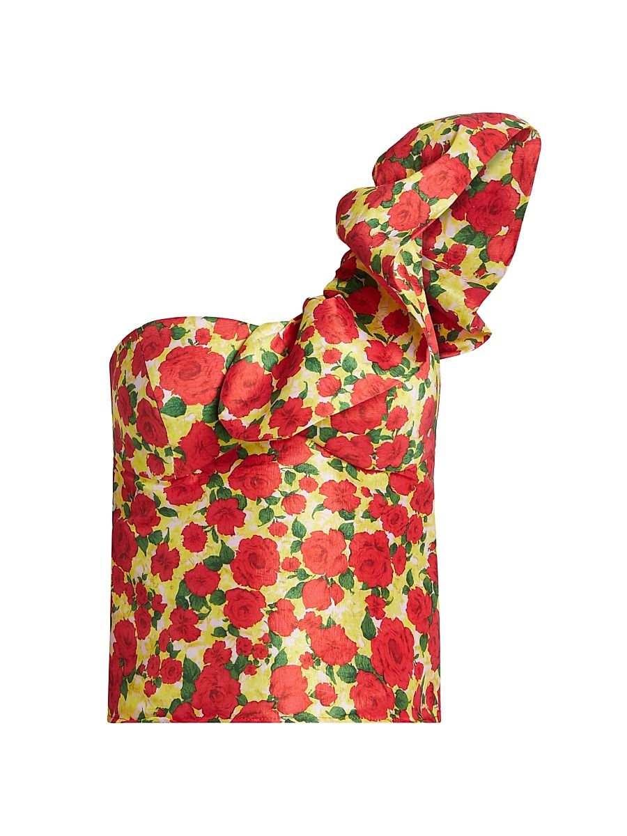 Women's Yazmeen Rose Print Taffeta One-Shoulder Top - Red - Size 6