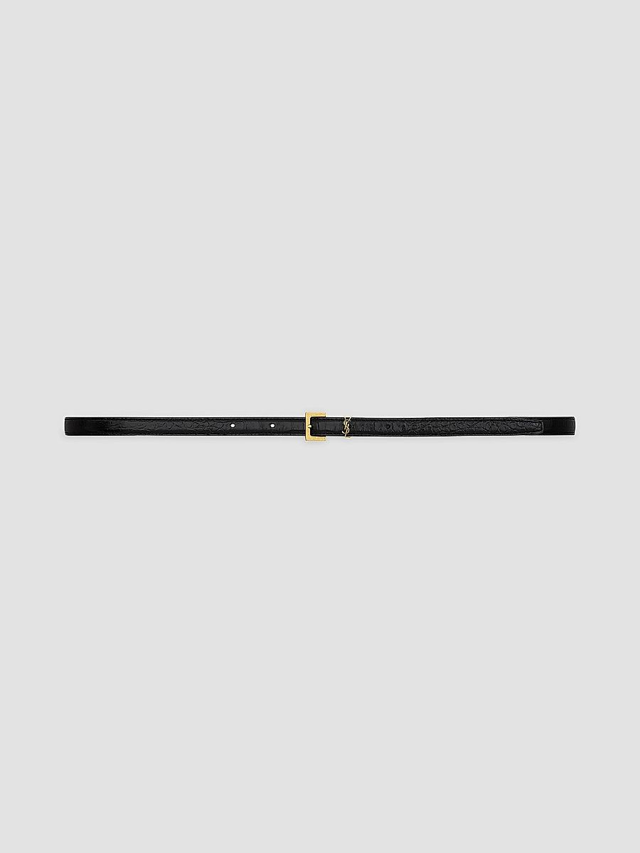 Saint Laurent Women's Cassandre Extra Thin Belt in Crocodile-Embossed Leather - Black - Size 38