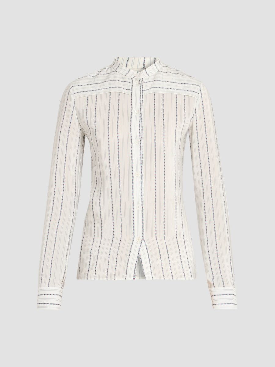 Women's Floral-Striped Silk Button-Front Shirt - White Green - Size 12