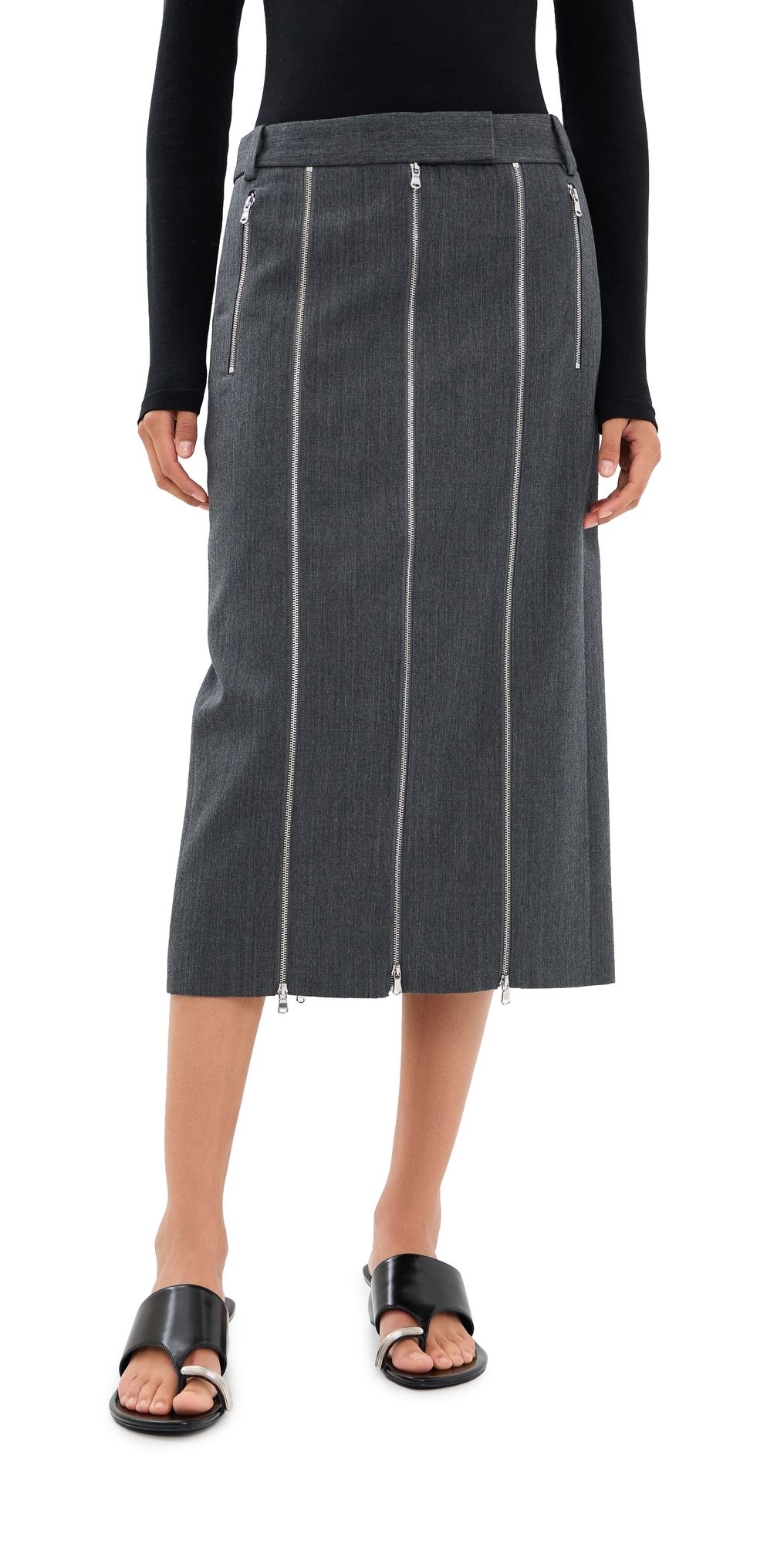 Tibi Gossamer Wool Melange Zip Midi Trouser Skirt Heather Grey 4