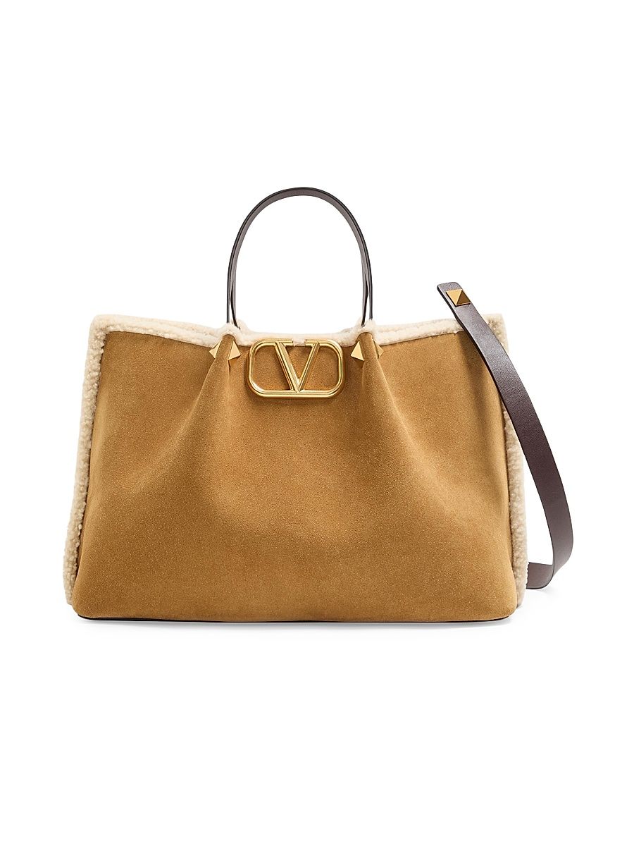 Women's Medium Suede Shopping Bag with Sheepskin Lining - Havana Beige