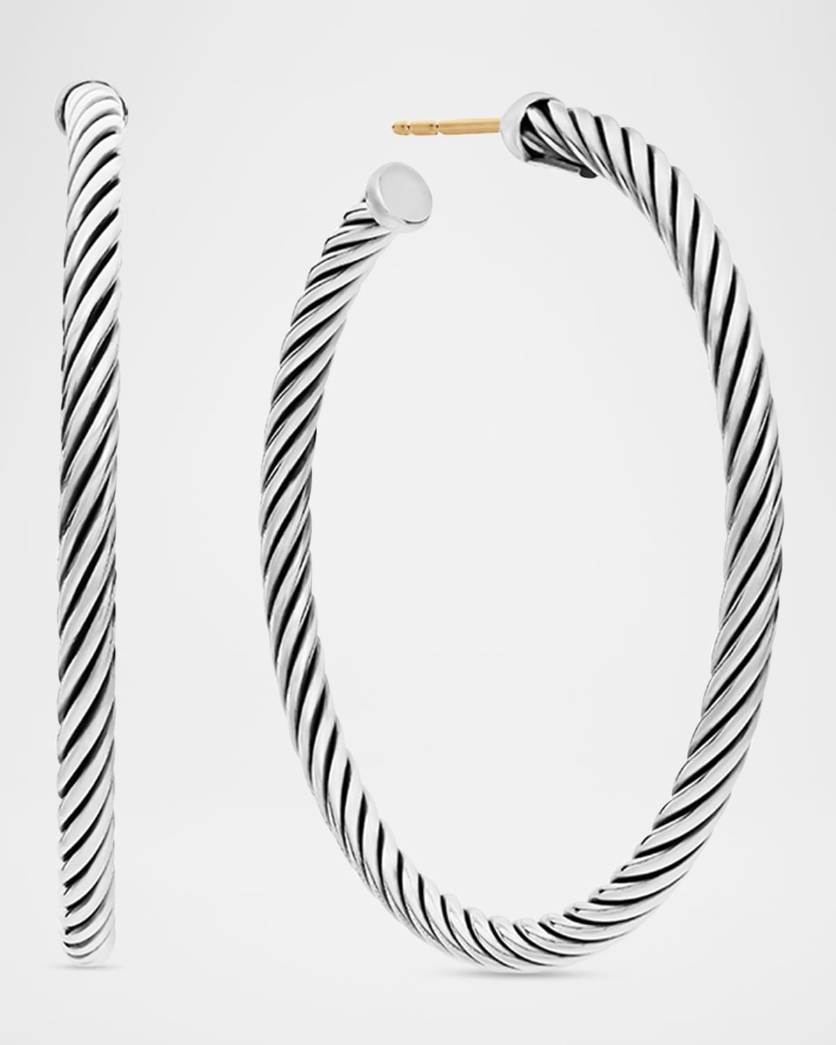 Cable Hoop Earrings in Silver, 3mm, 1.5"L