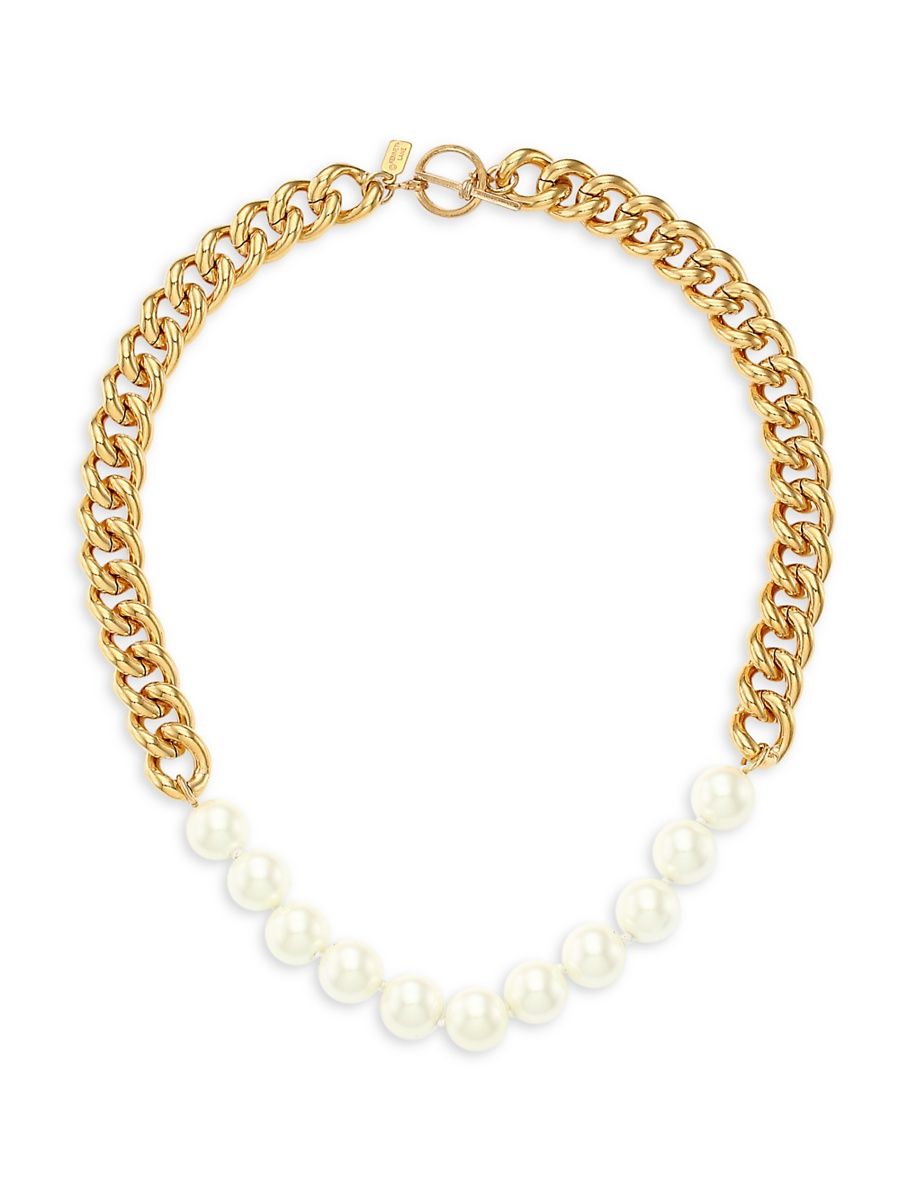 Women's 22 Goldplated & Glass Pearl Curb-Link Necklace - Gold White Pearl
