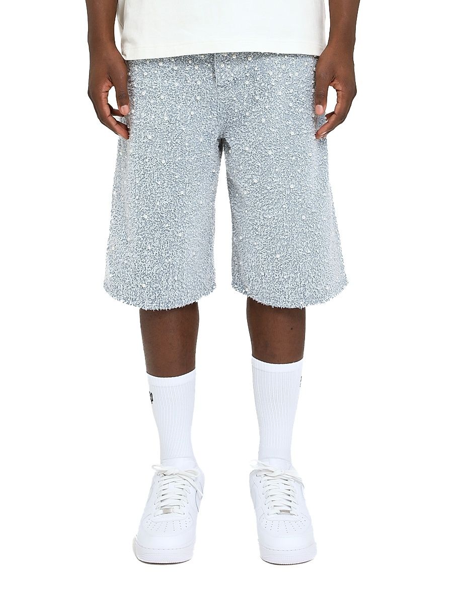 Men's Imitation Pearl-Embellished Cotton-Blend Shorts - Light Indigo - Size 36