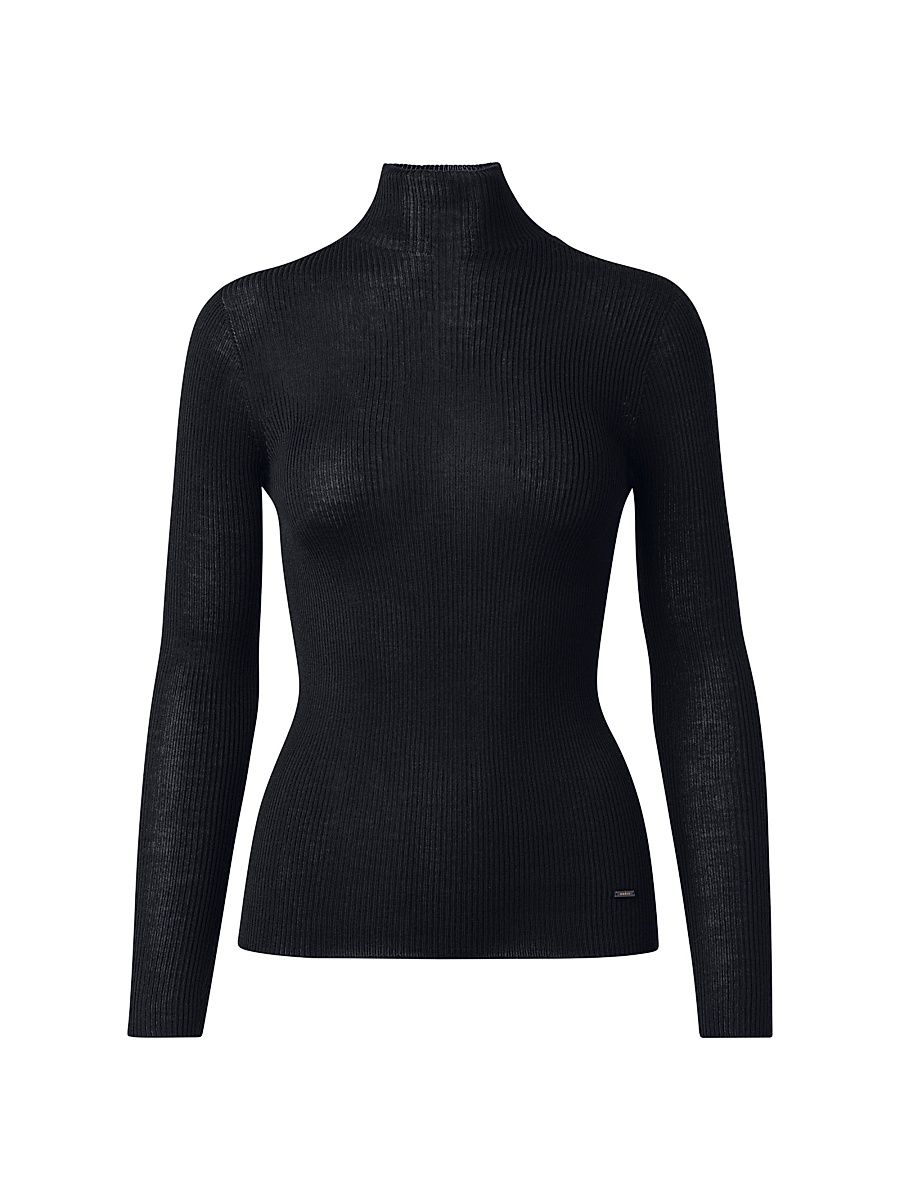 Women's Rib-Knit Cashmere-Silk Turtleneck - Black - Size 10