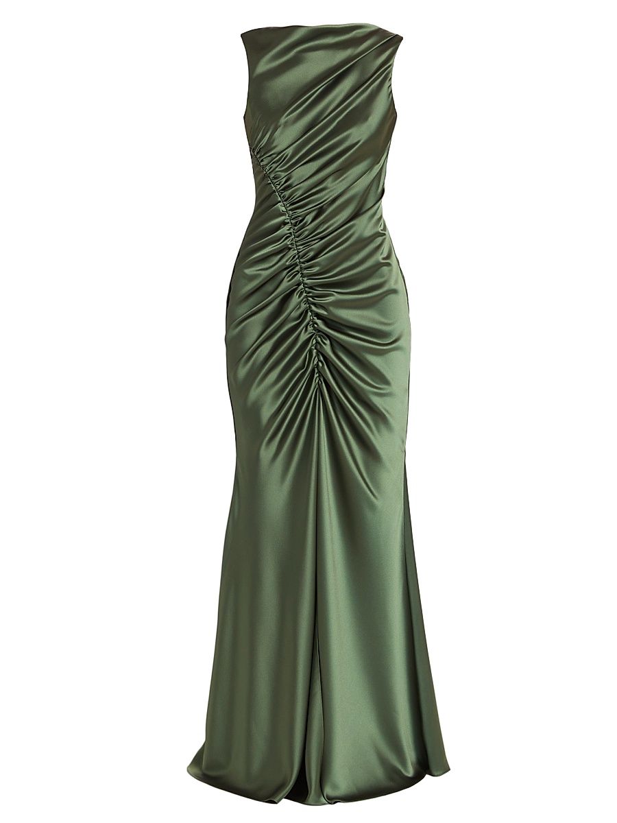 Women's Ruched Satin Gown - Olive - Size 10