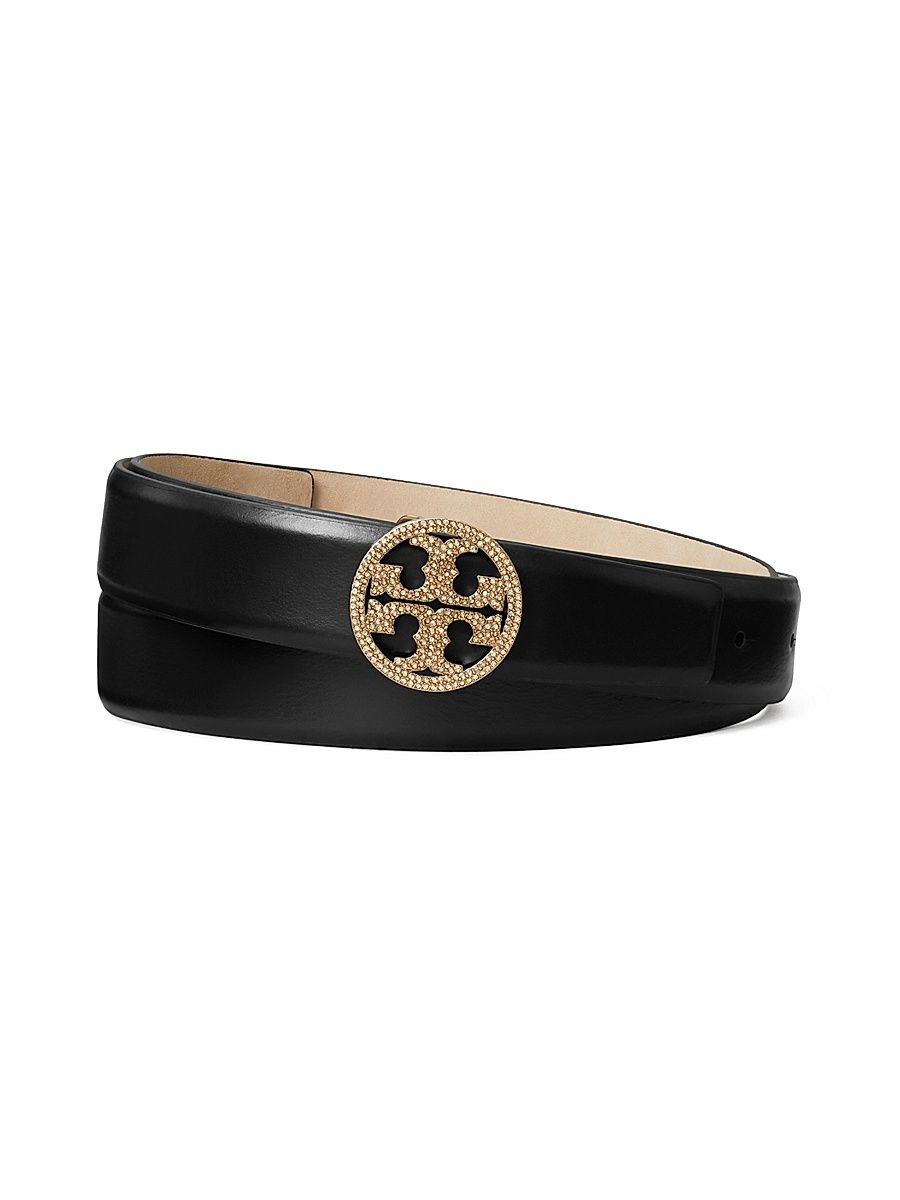 Women's Miller Leather Pavé Logo Belt - Black - Size XS