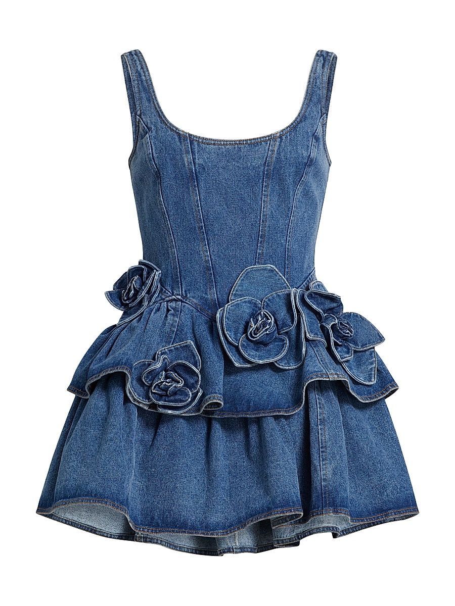 Women's Devyn Saxe Tiered Rosette-Detailed Denim Minidress - Saxe Blue - Size 12
