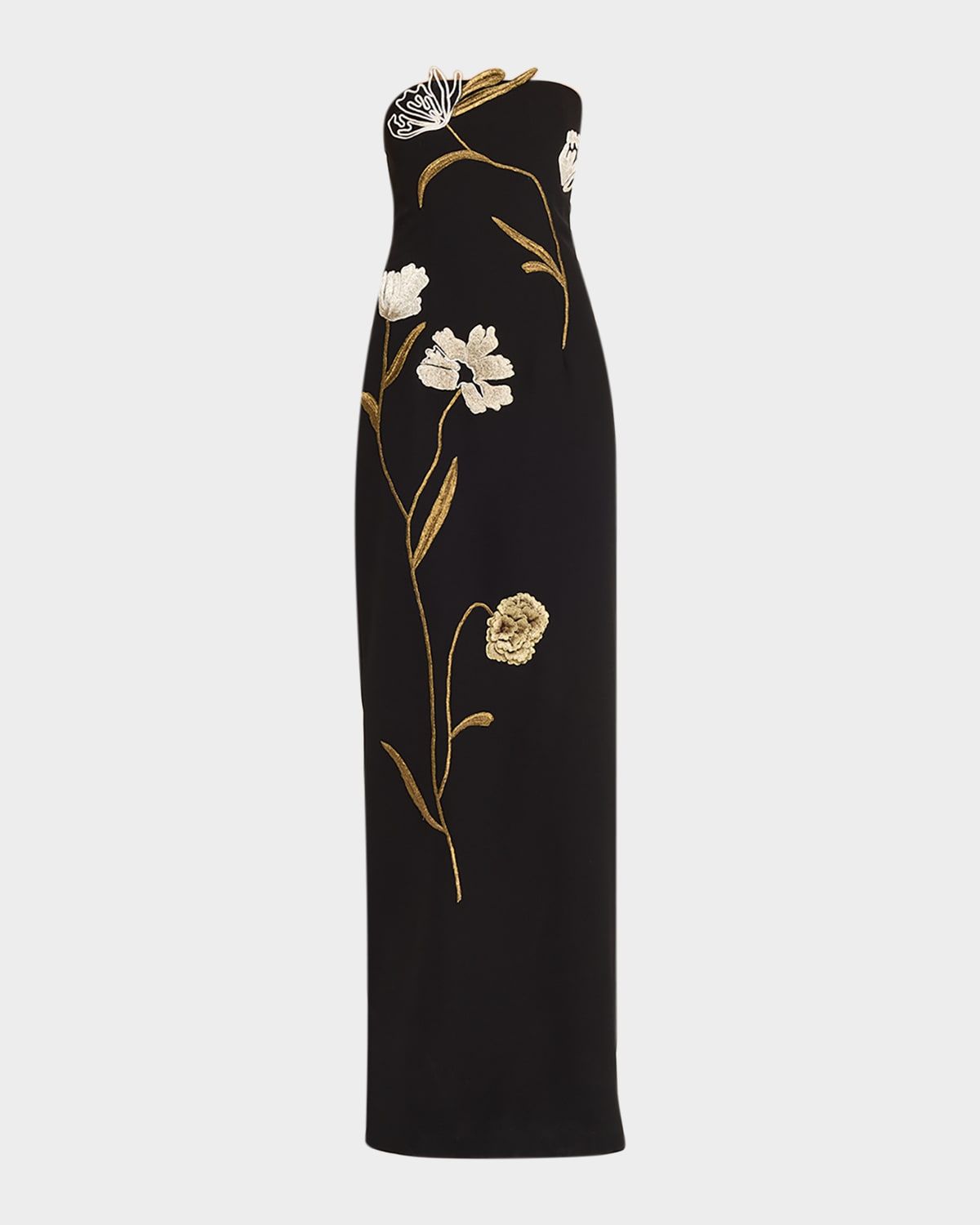 Floral Cord Embroidered Strapless Column Gown