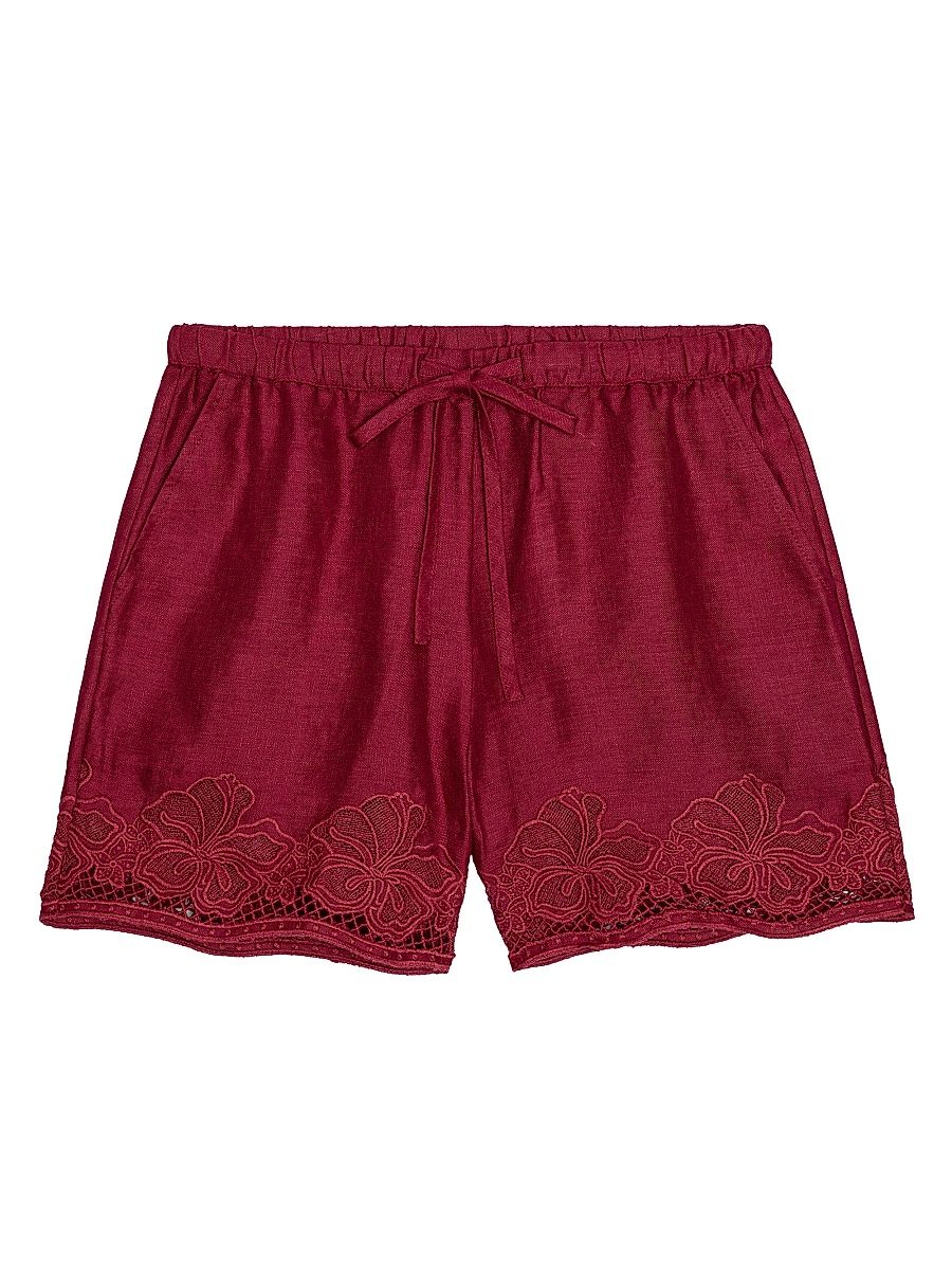 Women's Jenner Linen Embroidered Shorts - Berry Hibiscus Embroidery - Size XL